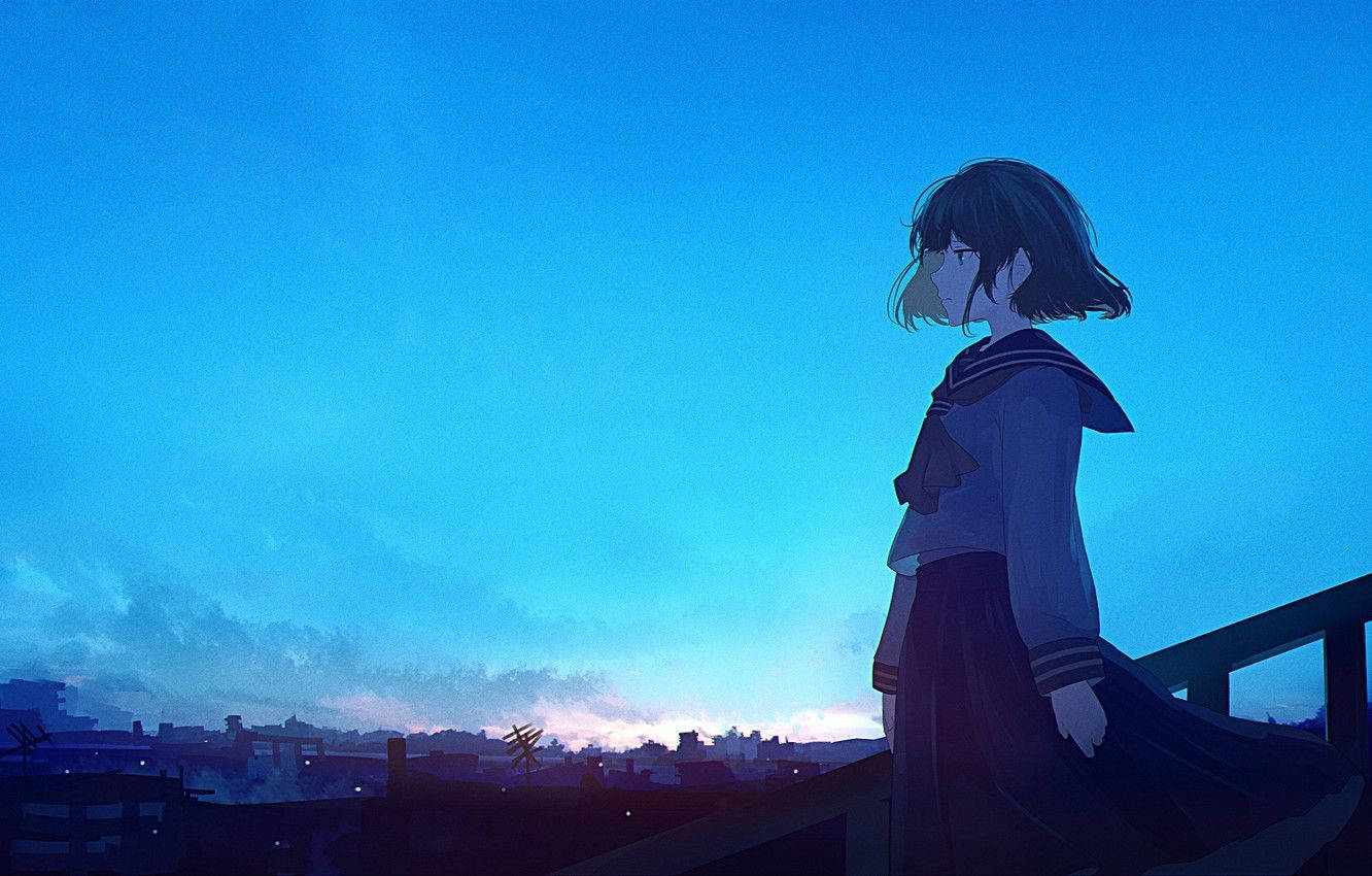 忧郁蓝调高中动漫少女 壁紙