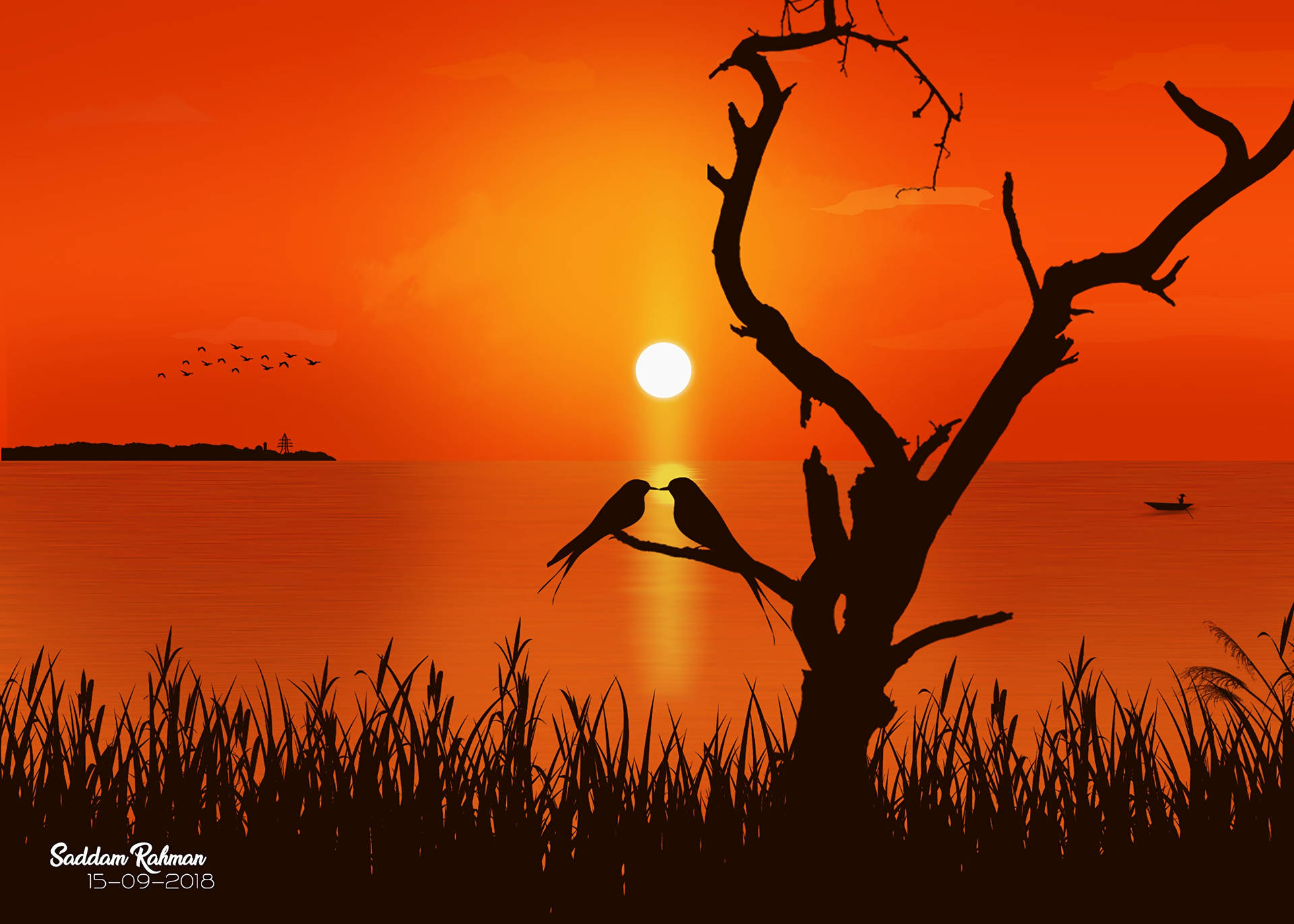 愛情鳥棲息在樹枝上的剪影，背景是橙色夕陽與大海。情人節愛心藝術。