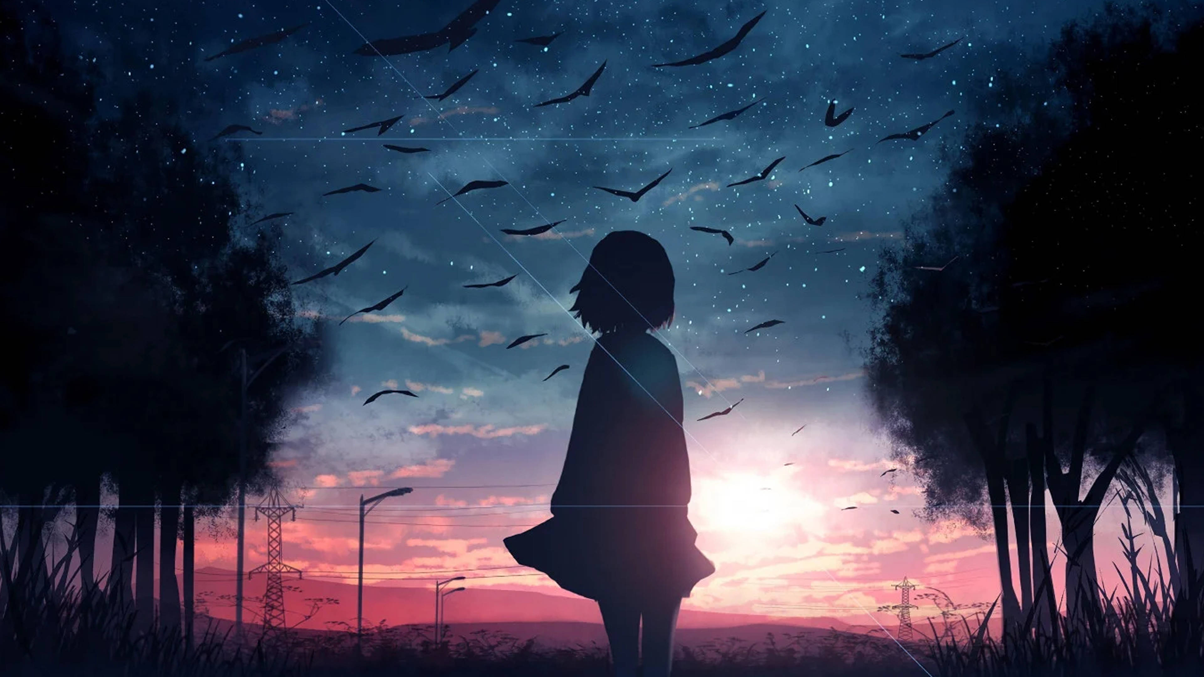 憂傷動漫女孩仰望星空 4K 壁紙