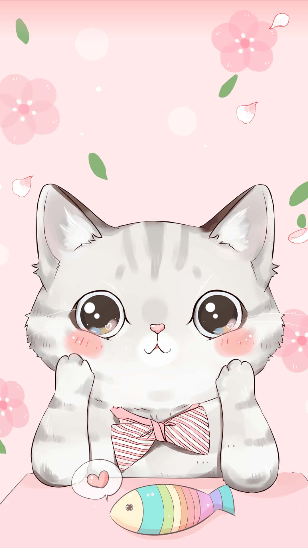 戴蝴蝶结的猫咪与鱼，粉色背景 壁紙