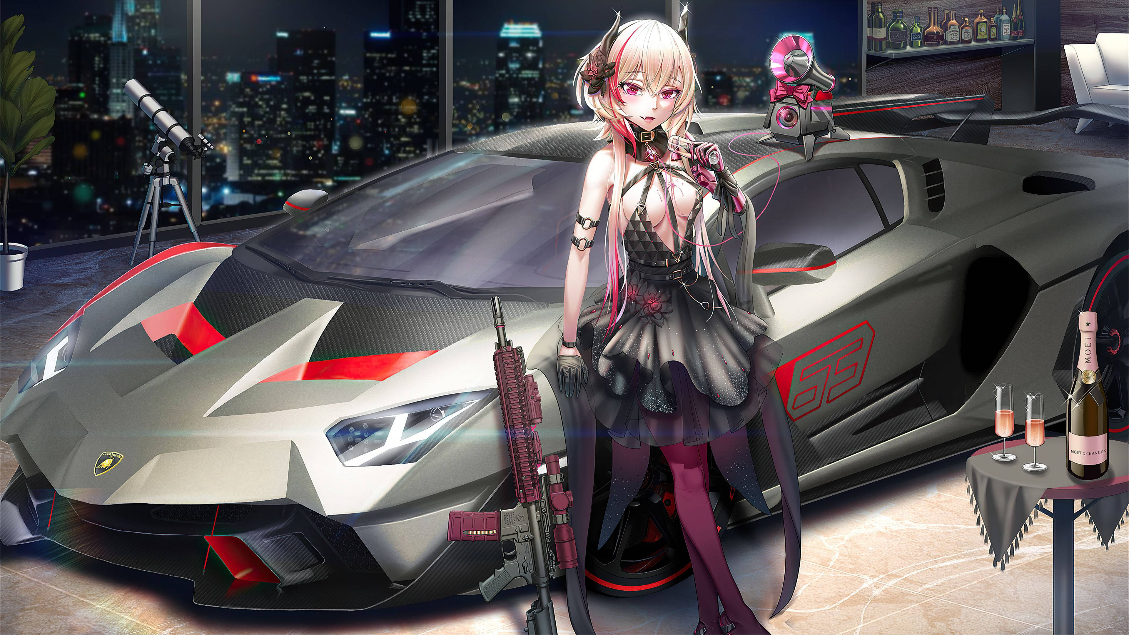 持枪少女与汽车并排的动漫壁纸 壁紙