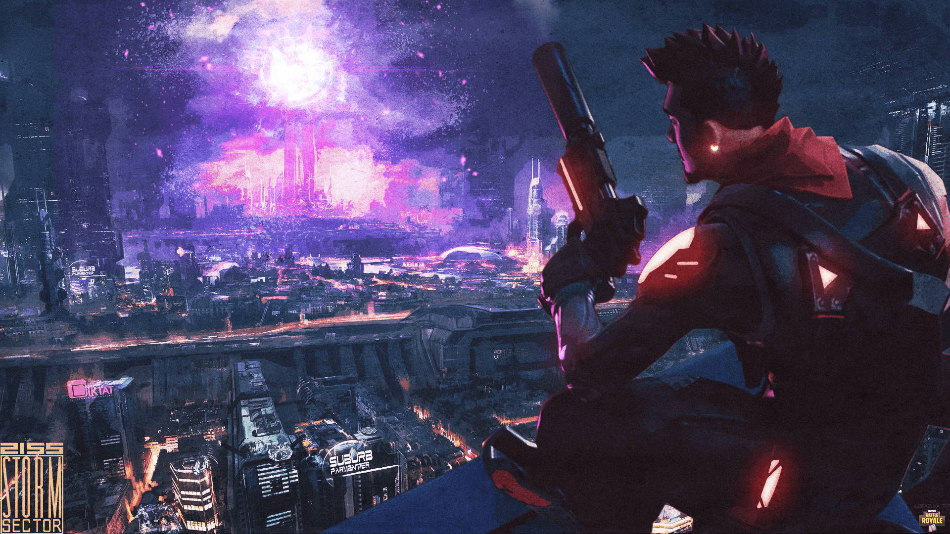 堡壘之夜遊戲中一位角色持槍欣賞傍晚景色的HD桌布 — Fortnite 壁紙