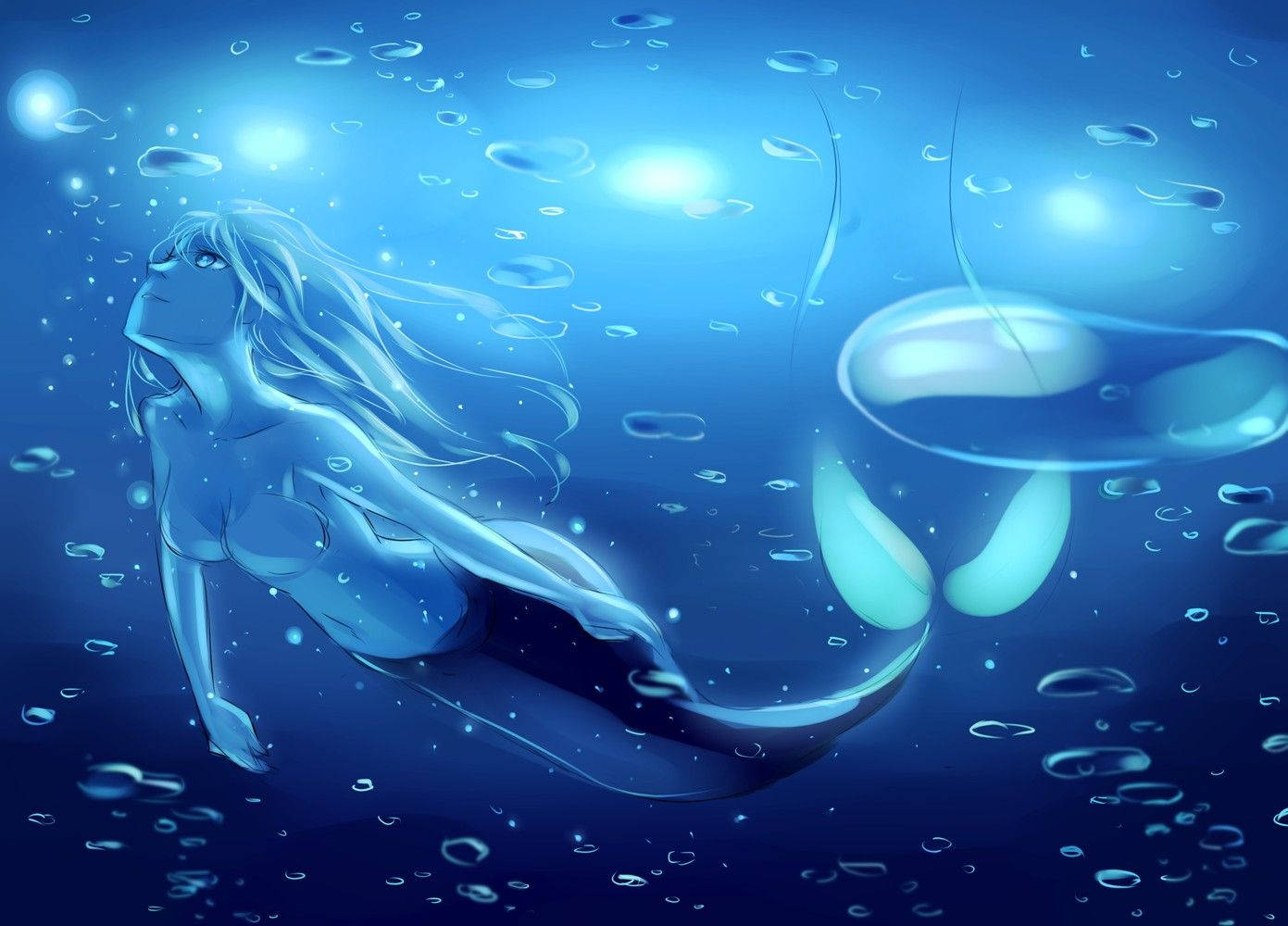 藍光閃爍的美人魚水珠桌布。 — 美人鱼 壁紙