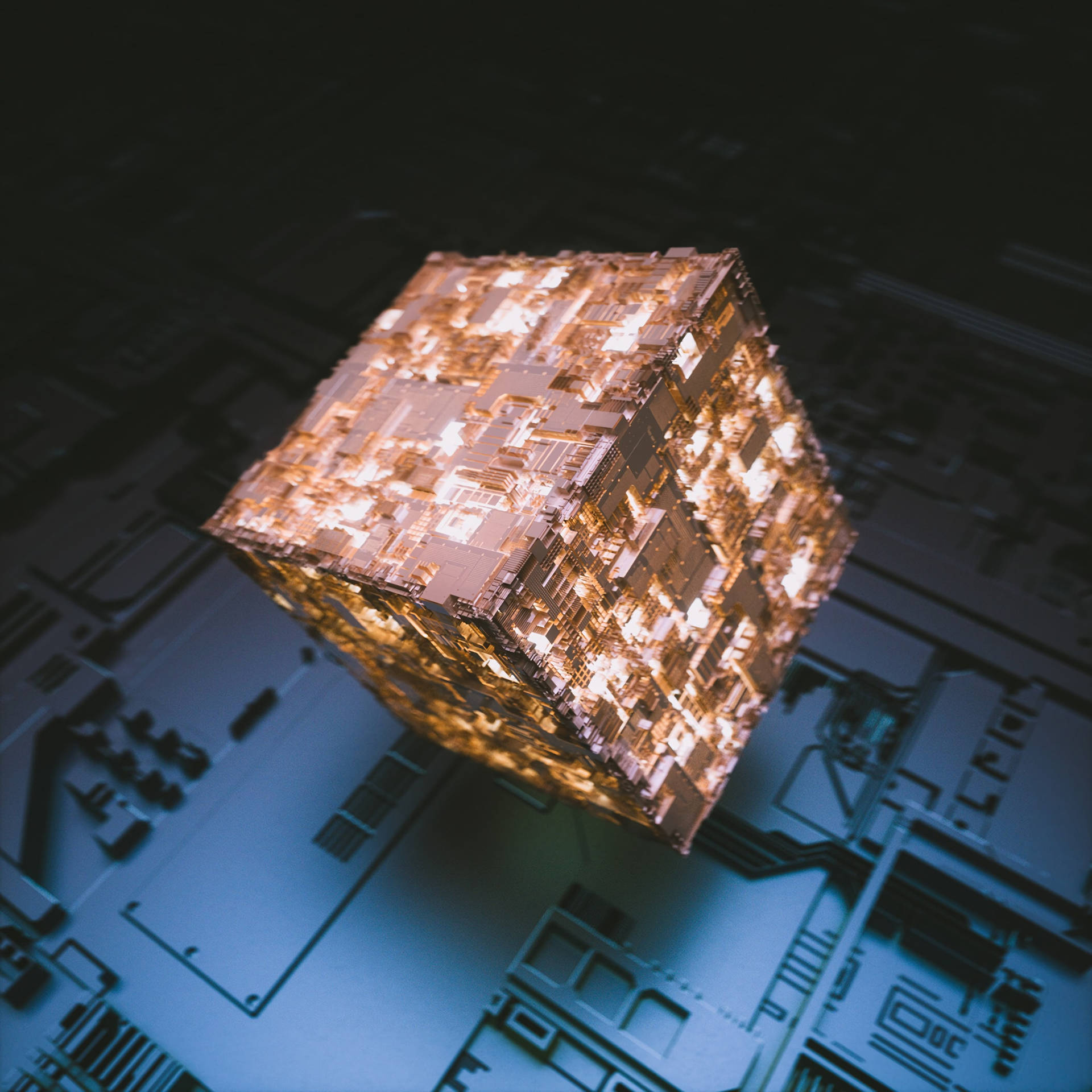 黑暗中發光的3D金色螢光石立方體桌布 — 3D 壁紙