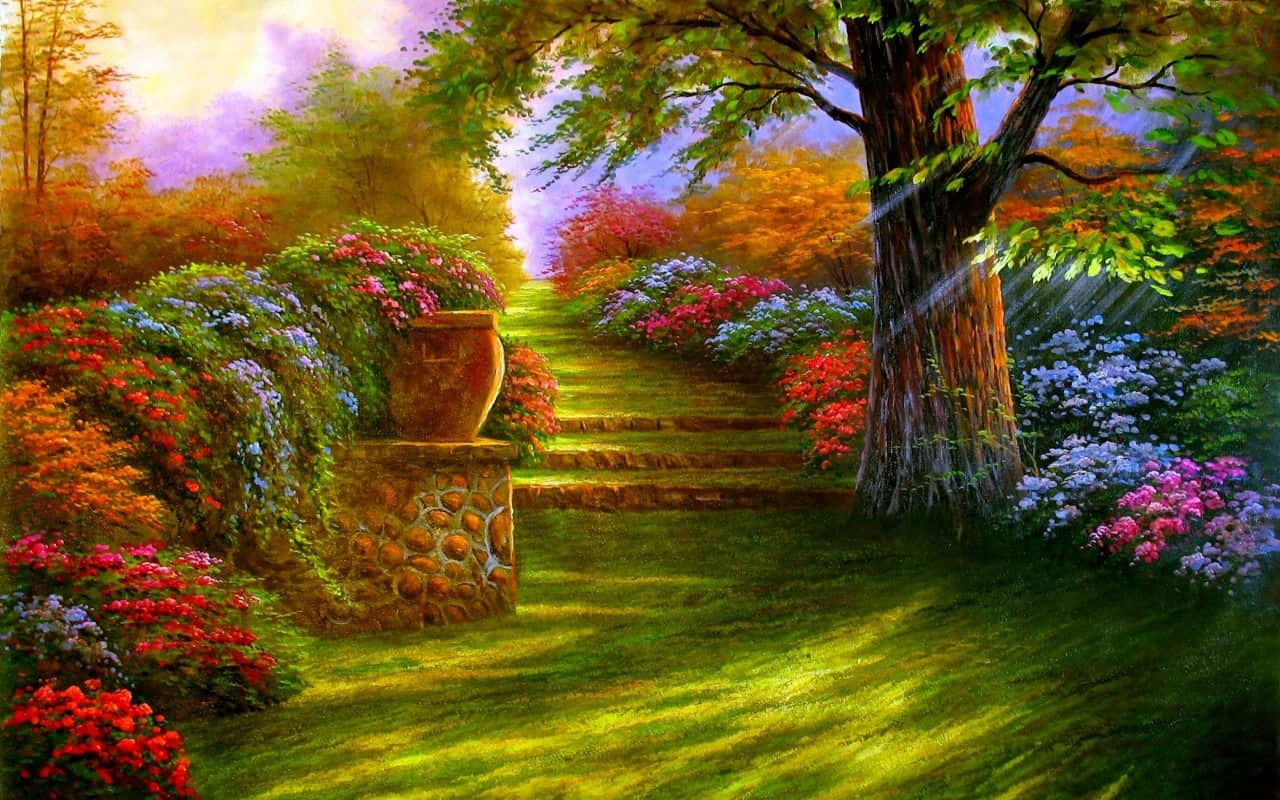 數位花卉花園黃金時刻圖片 壁紙