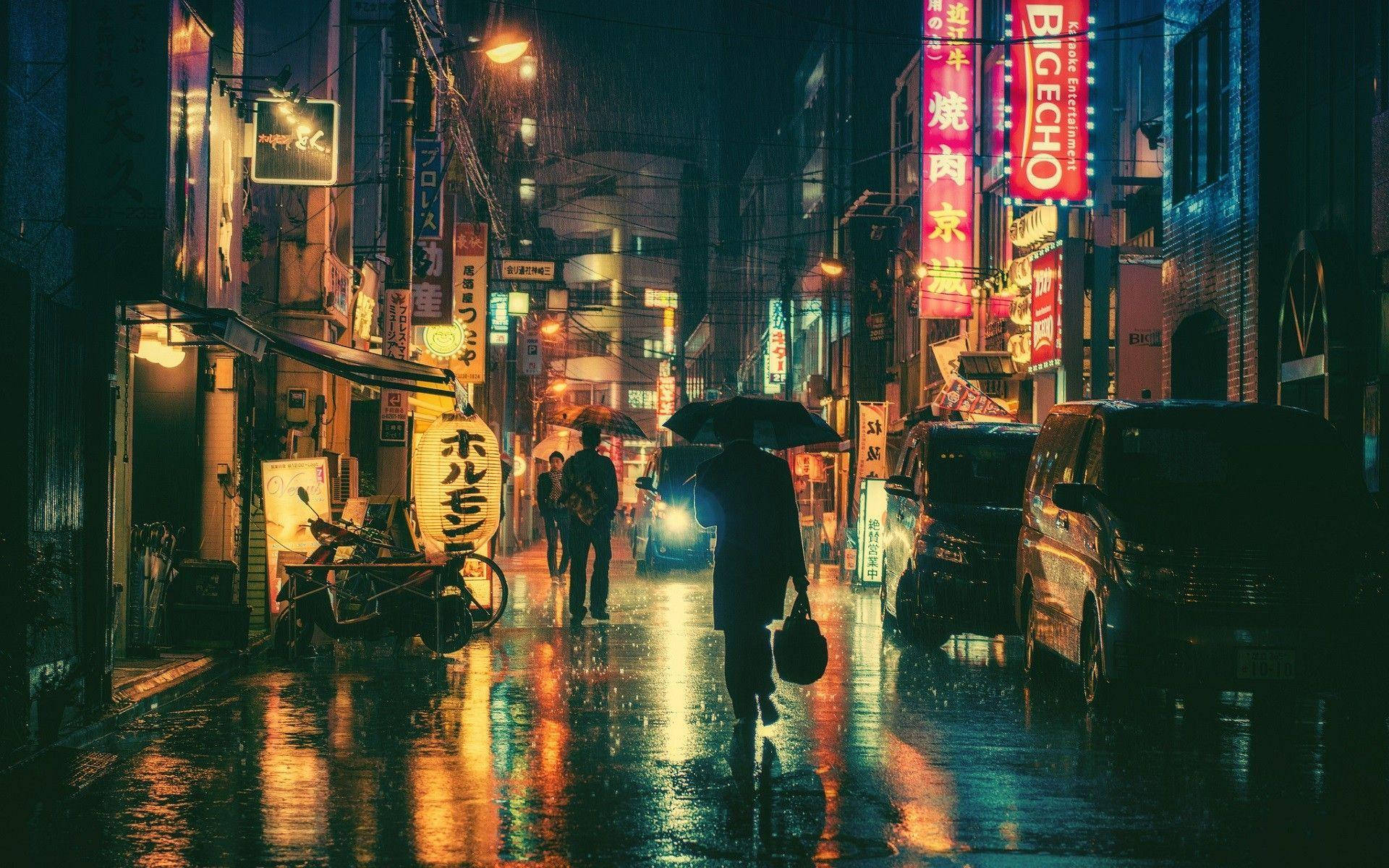 日本動畫城市街景 霓虹招牌點亮夜色 壁紙