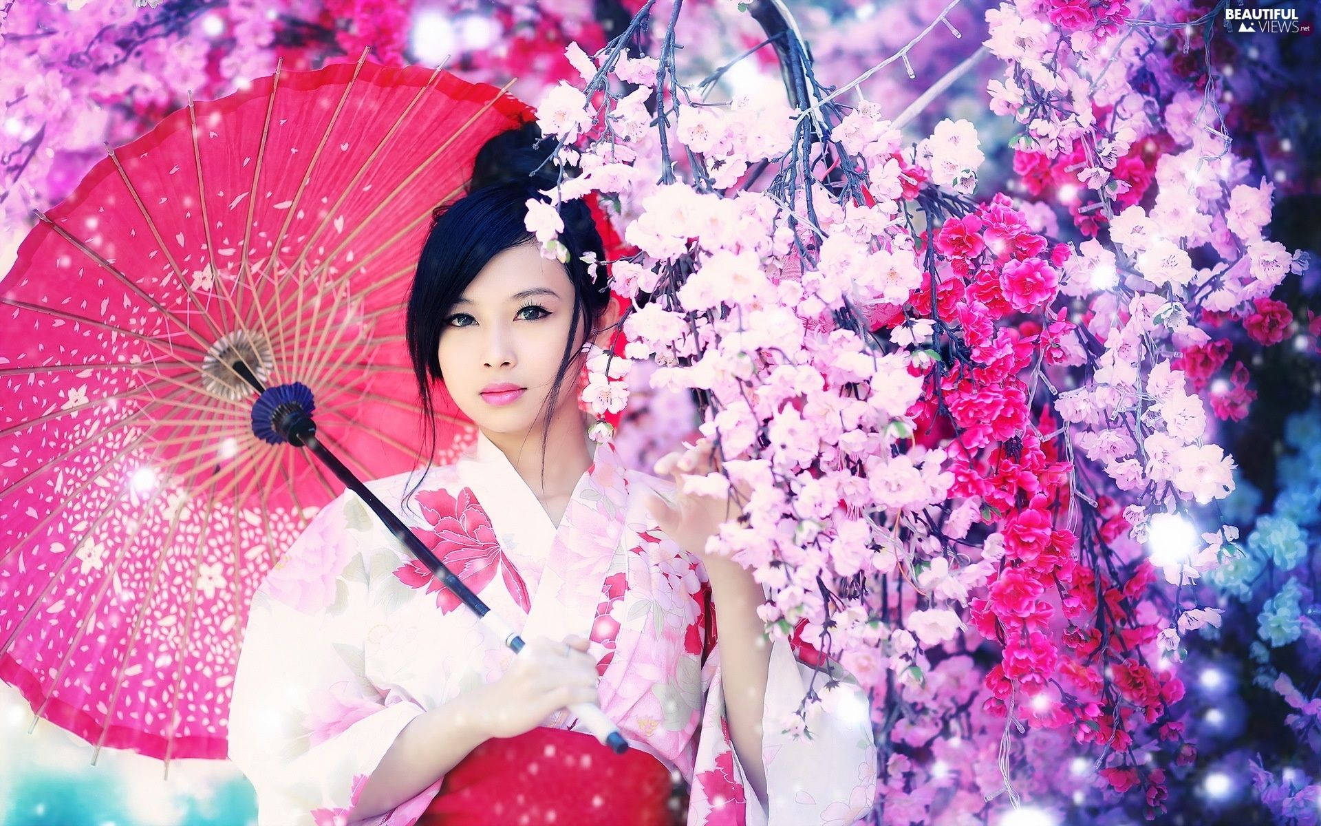 日本女孩粉色花卉美学 壁紙