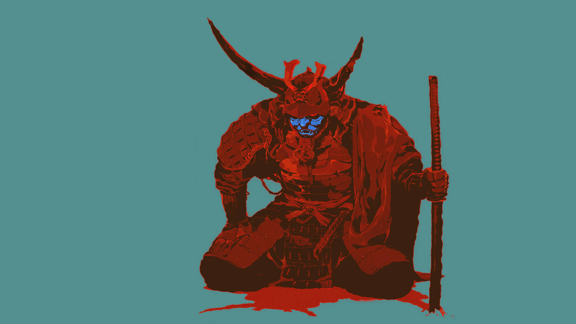 日本武士 青色背景 壁紙