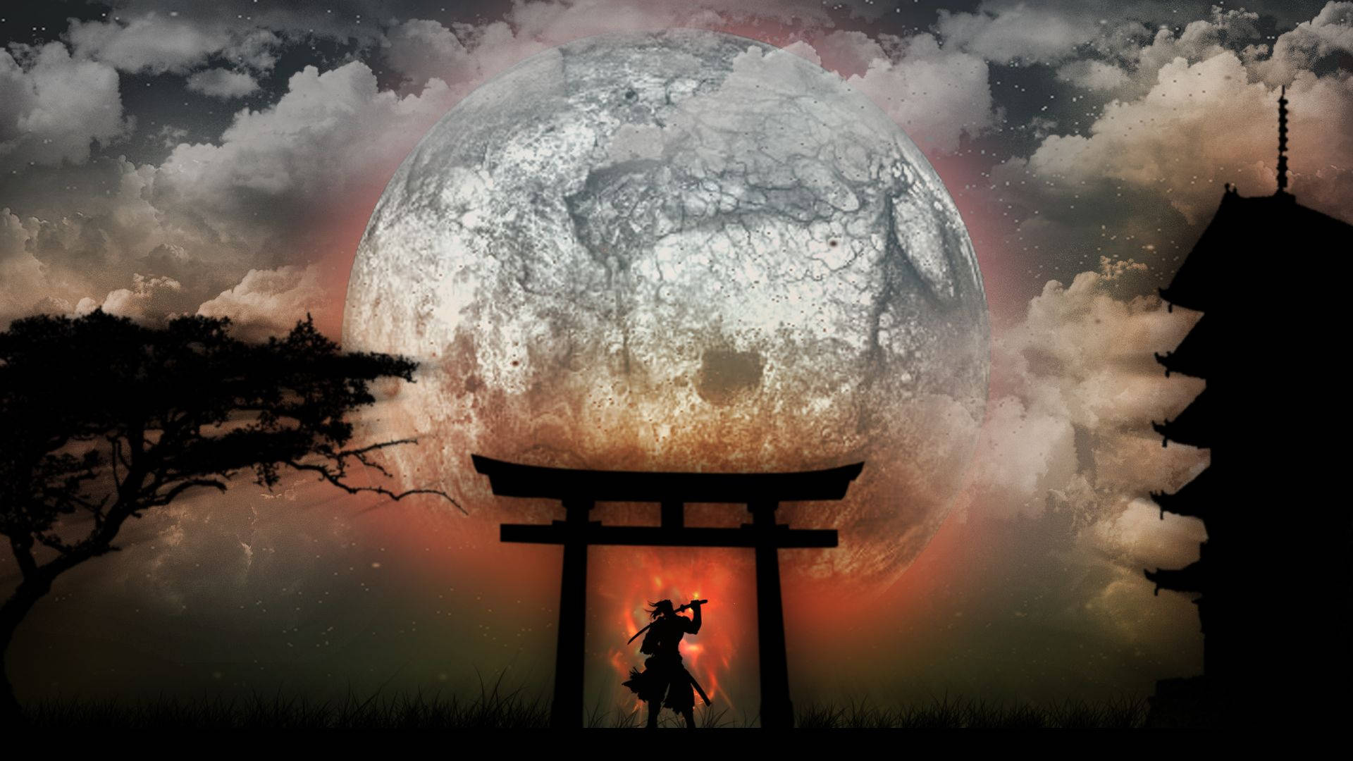 日本武士月下鳥居 壁紙