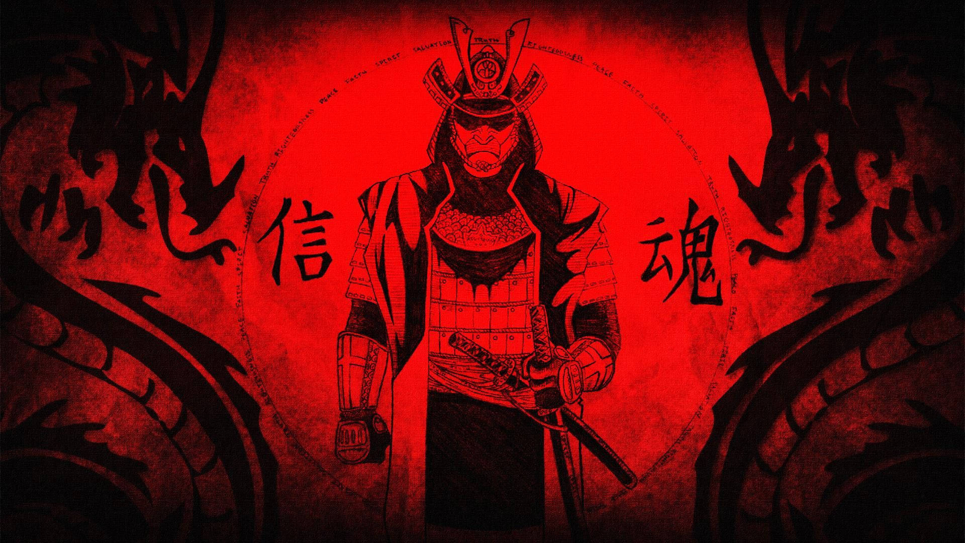 日本武士紅色雙龍 壁紙