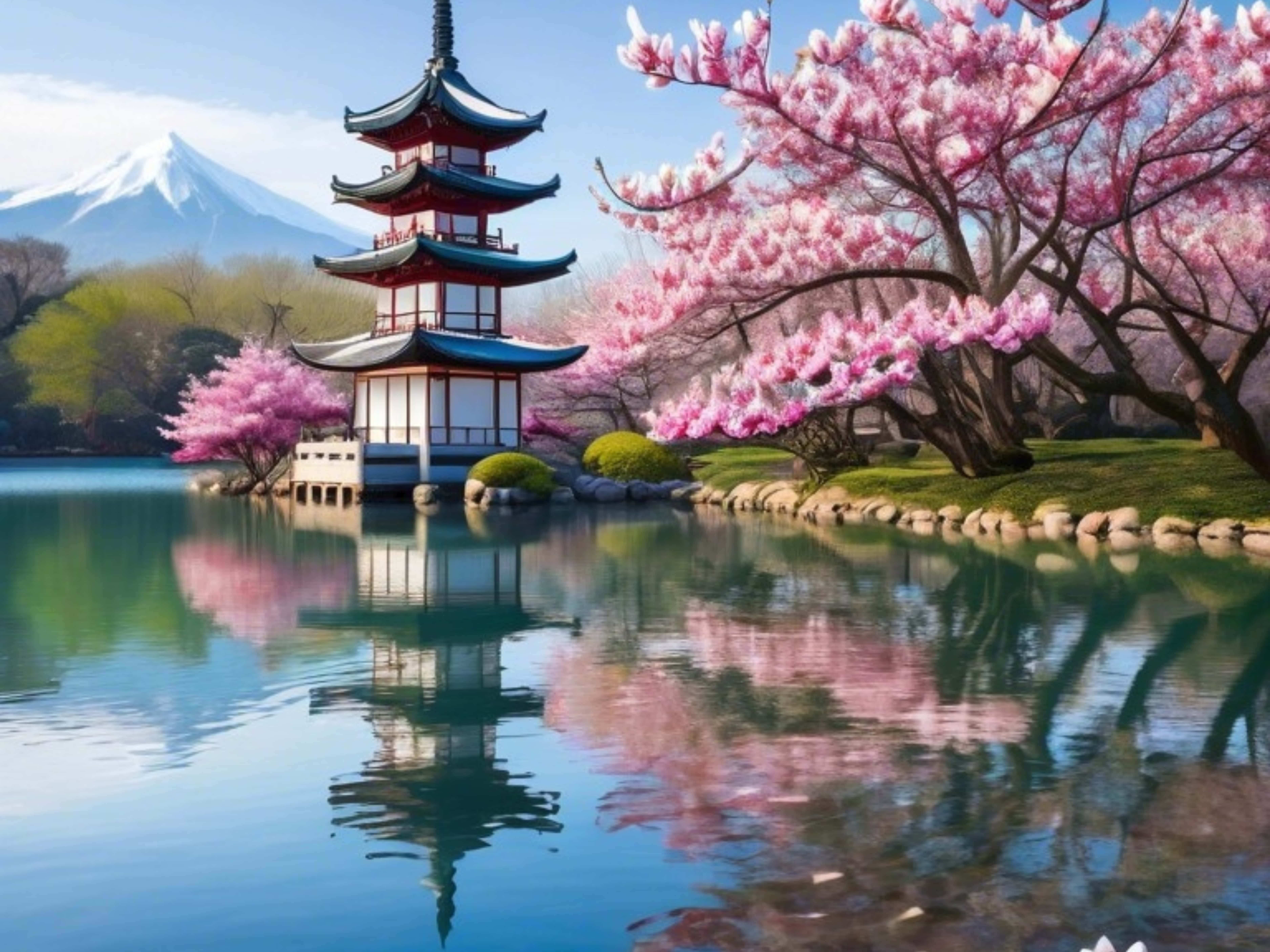 日本風景：寧靜的湖泊、櫻花樹、神社與群山 壁紙