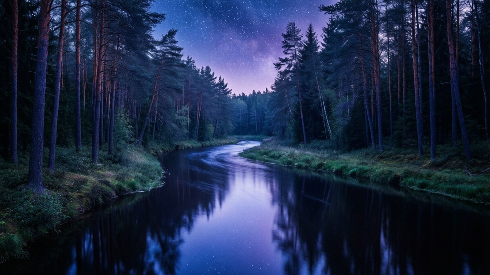 星光河流穿幽暗森林 壁紙