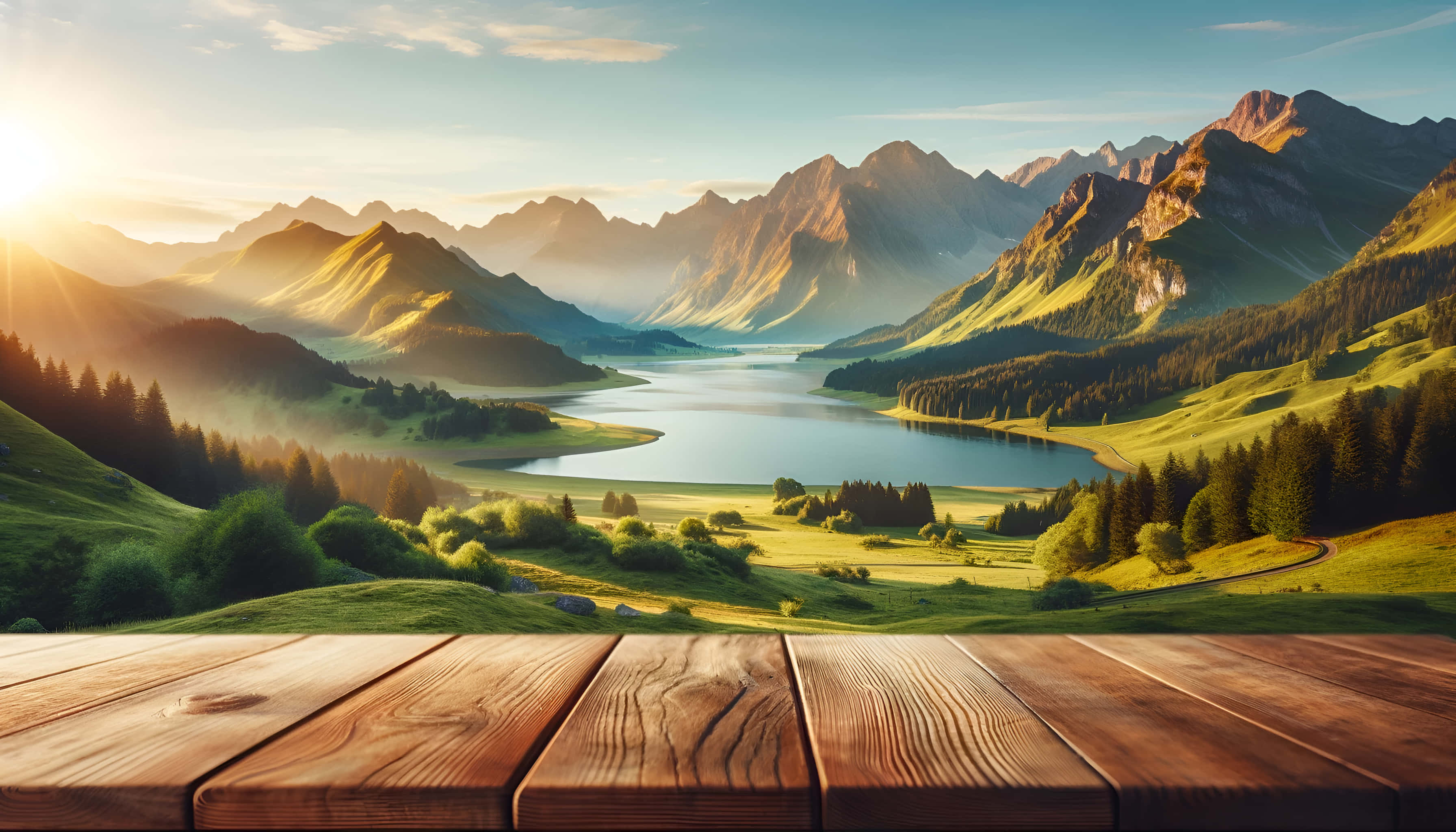 晴朗天氣下的美麗風景，群山與樹木 壁紙