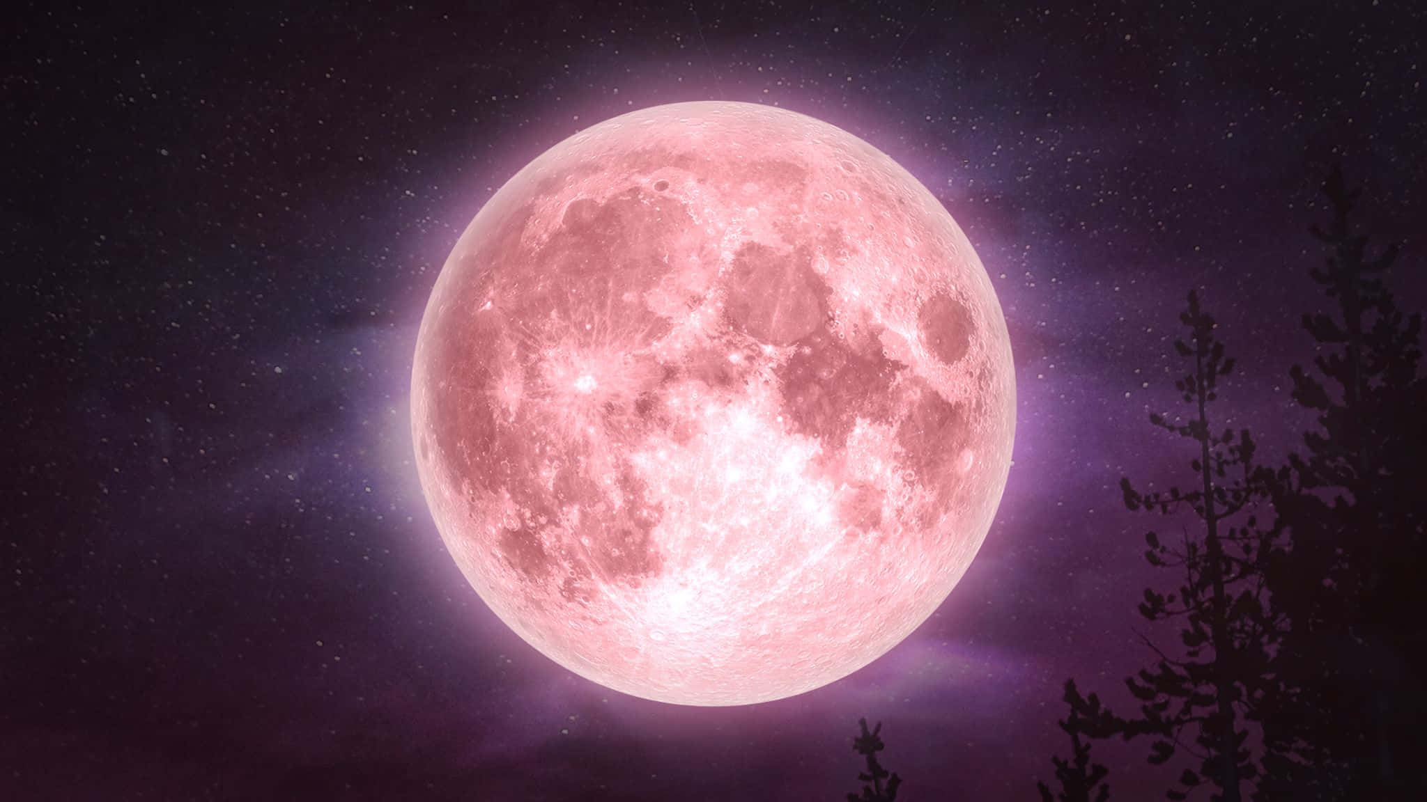 暗夜中散發光芒的粉紅月亮 壁紙