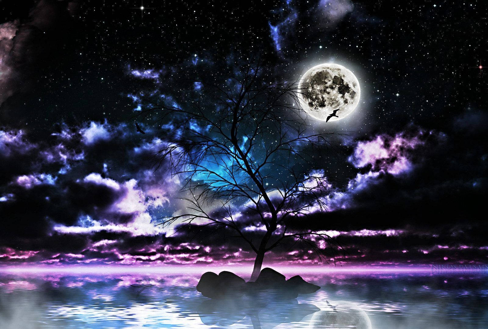 暗夜中的銀河月亮 壁紙