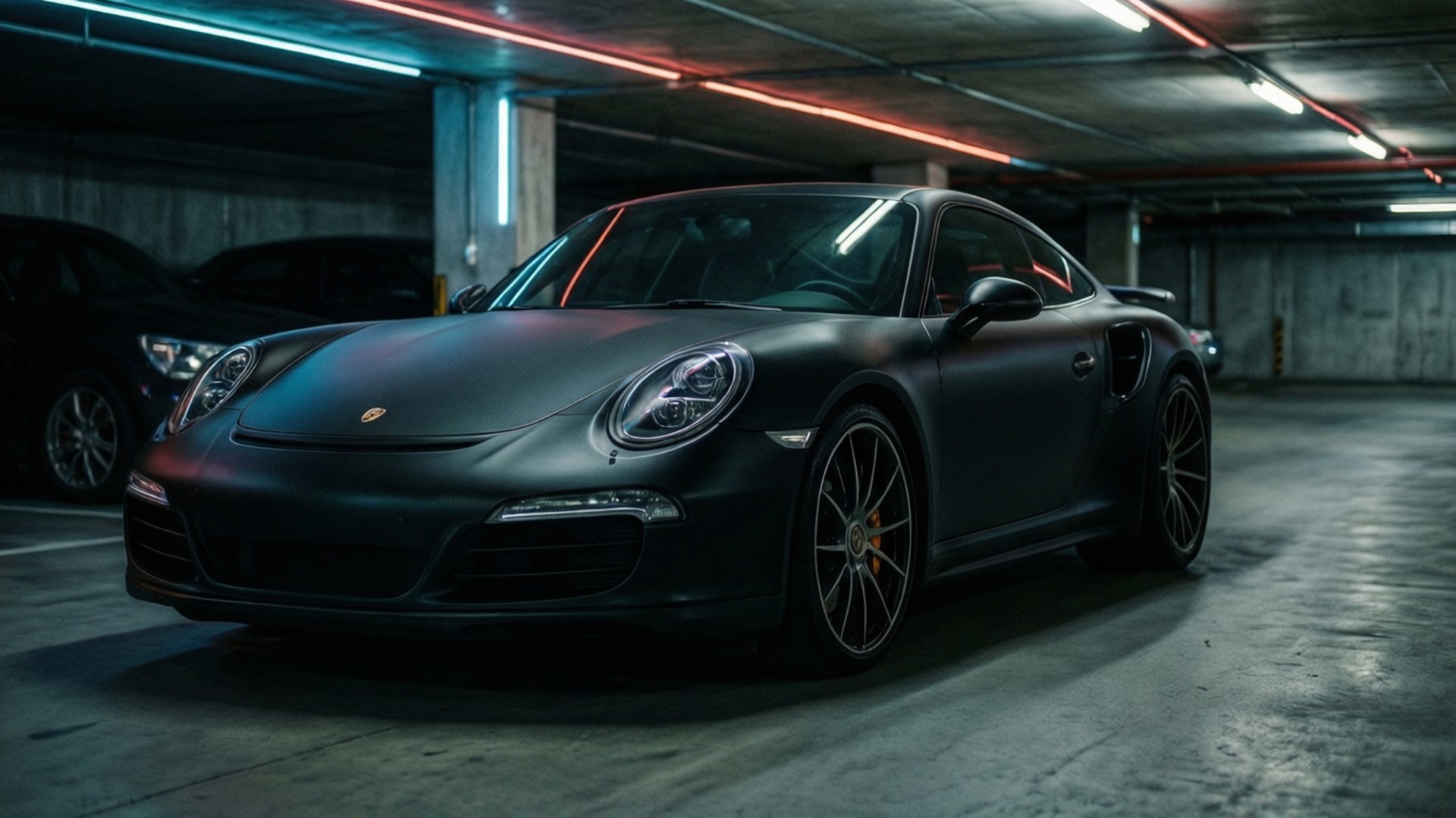 一輛消光黑的保時捷911 Turbo S，在氣氛陰暗的地下停車場中，映照著霓虹燈光，格外醒目。