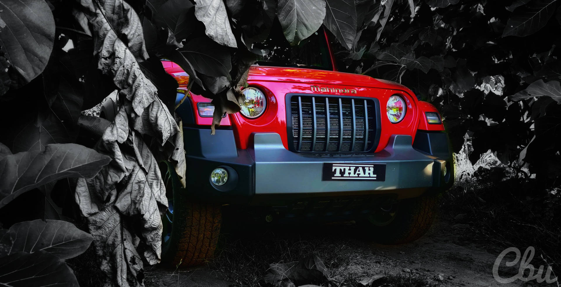 暗色樹林背景前驚豔的紅色Thar — 汽車 4K GIF 壁紙
