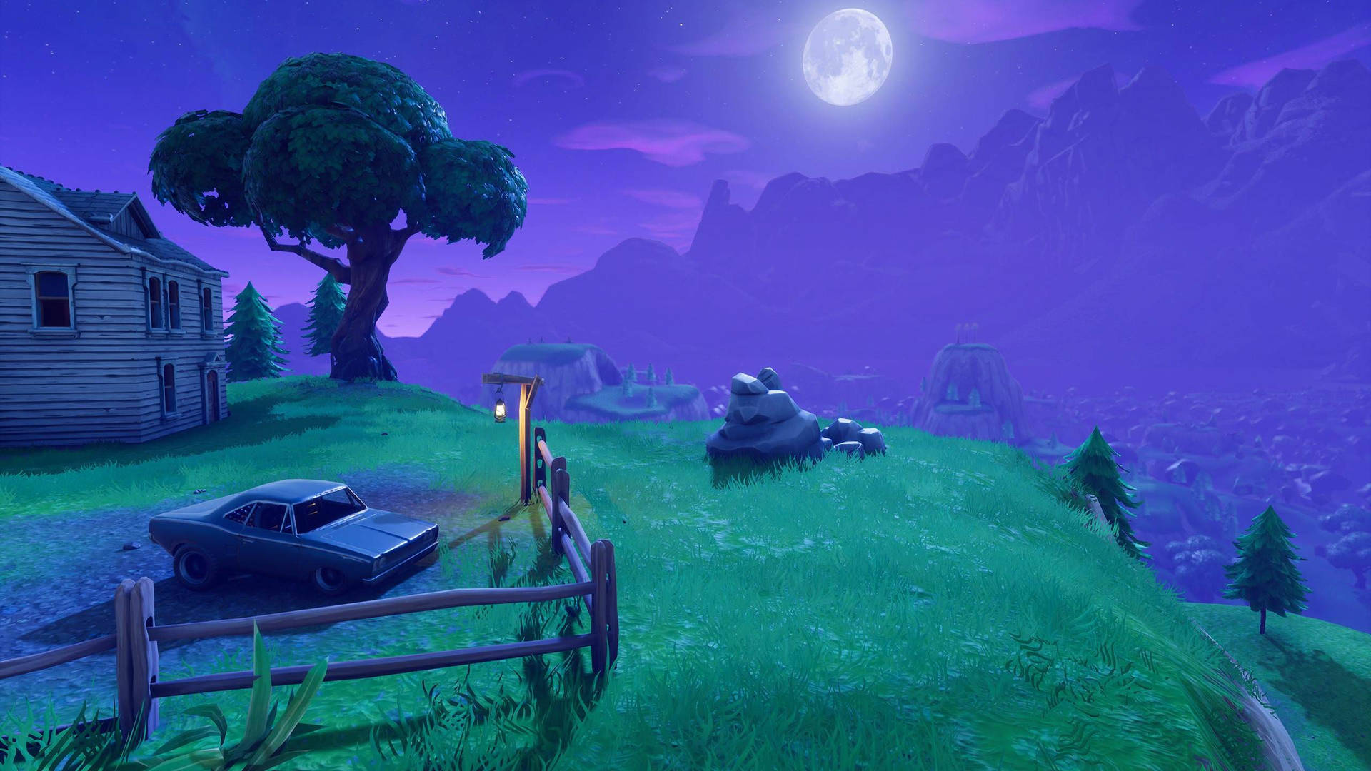 《堡垒之夜》中满月照耀下的宁静夜景高清壁纸。 — Fortnite 壁紙