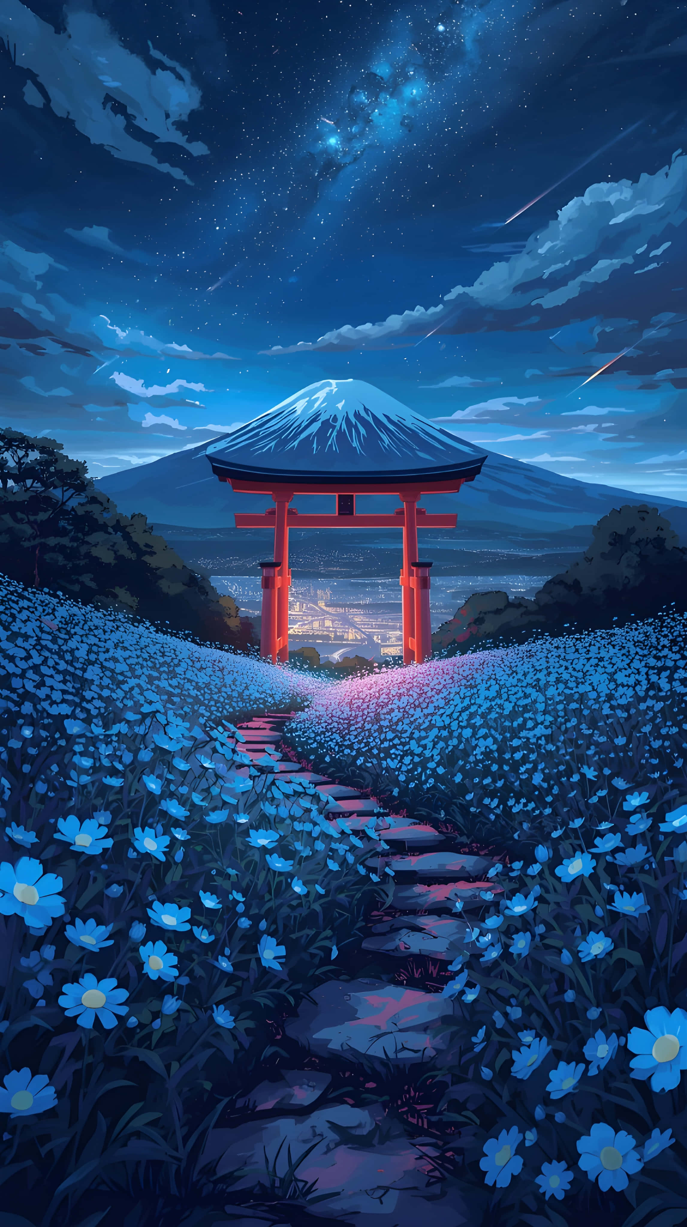 梦幻夜空下的富士山与蓝色花海 壁紙