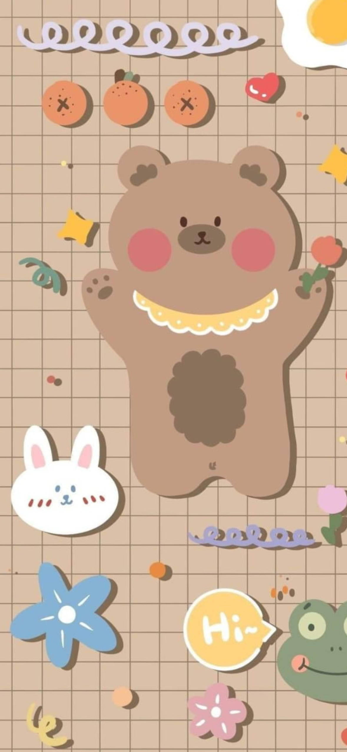 棕色格紋上的韓國小熊 壁紙
