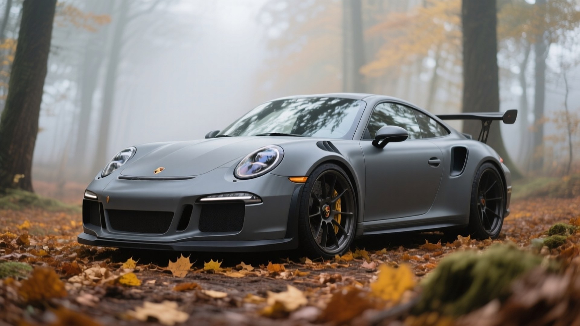 消光灰保時捷911 GT3 RS在秋日森林中