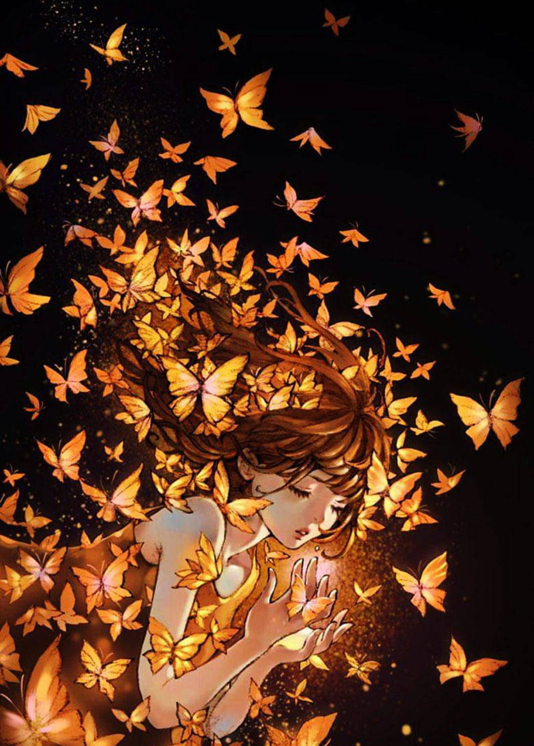 橘色蝴蝶環繞少女的唯美畫面 — 蝴蝶 壁紙