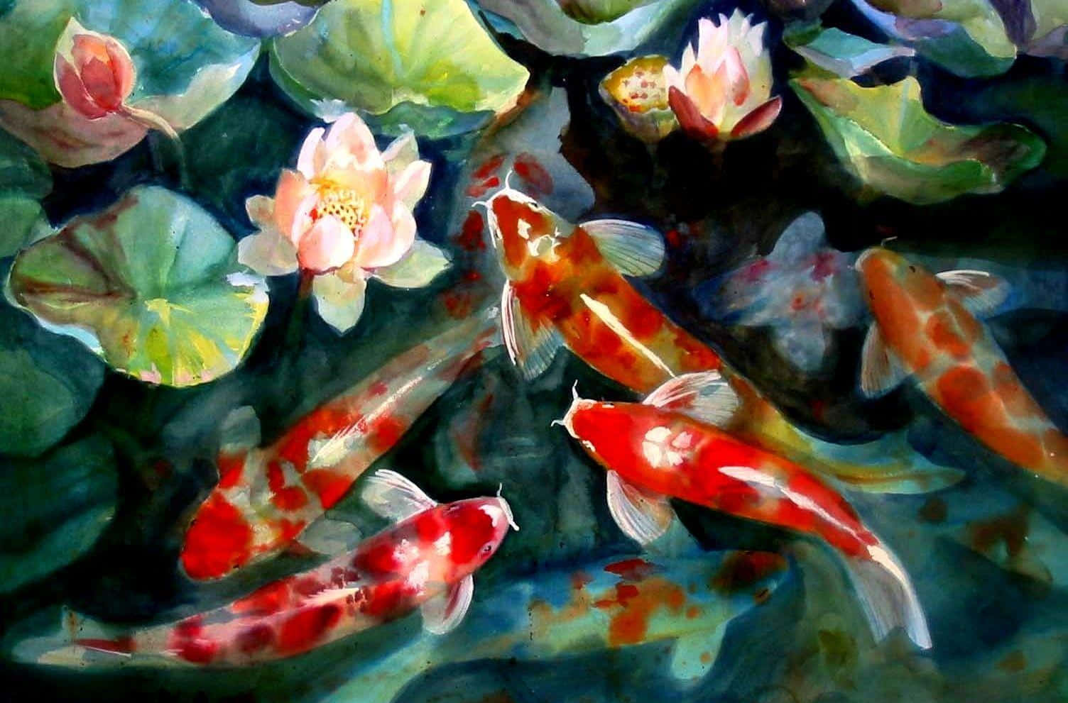 橙色活錦鯉與蓮花 壁紙