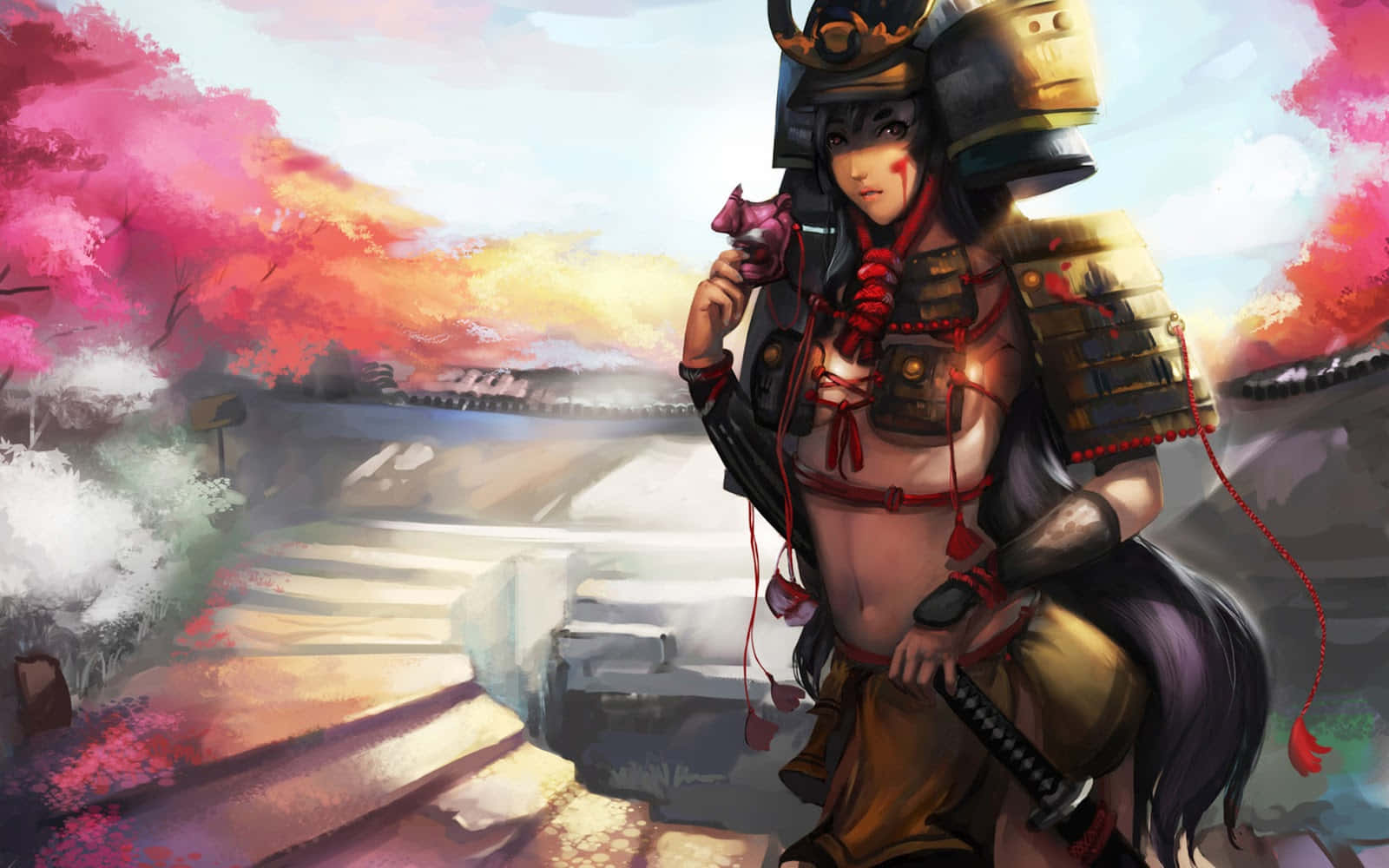 武士動漫女孩 盔甲 武士刀 壁紙