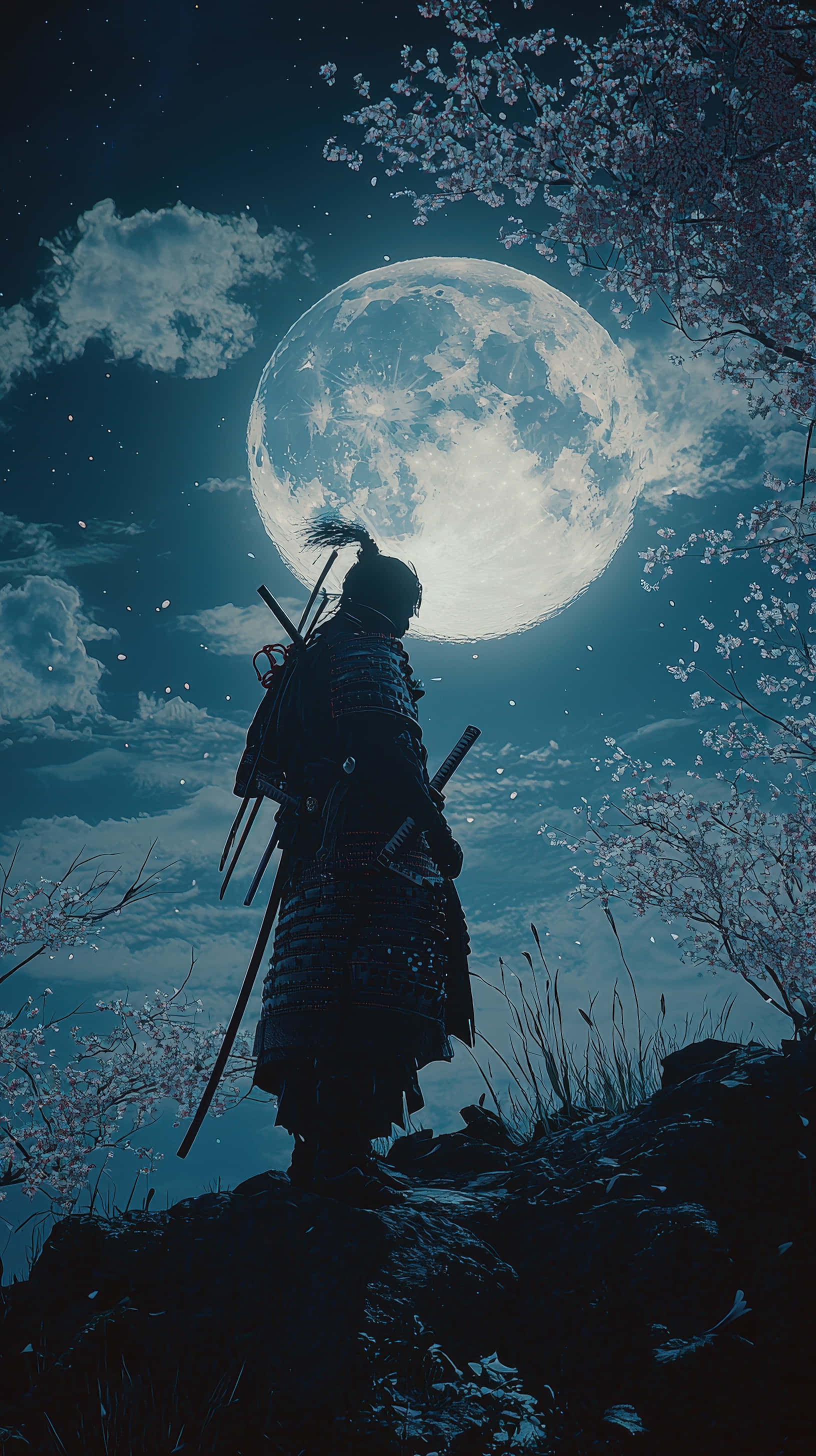 武士在滿月與櫻花下佇立 壁紙