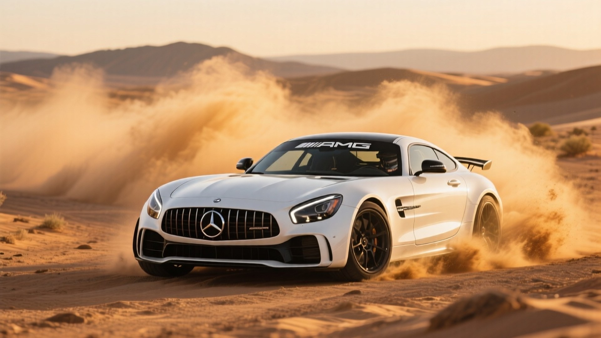 白色梅赛德斯-AMG GT R在黄金时刻的沙漠中漂移