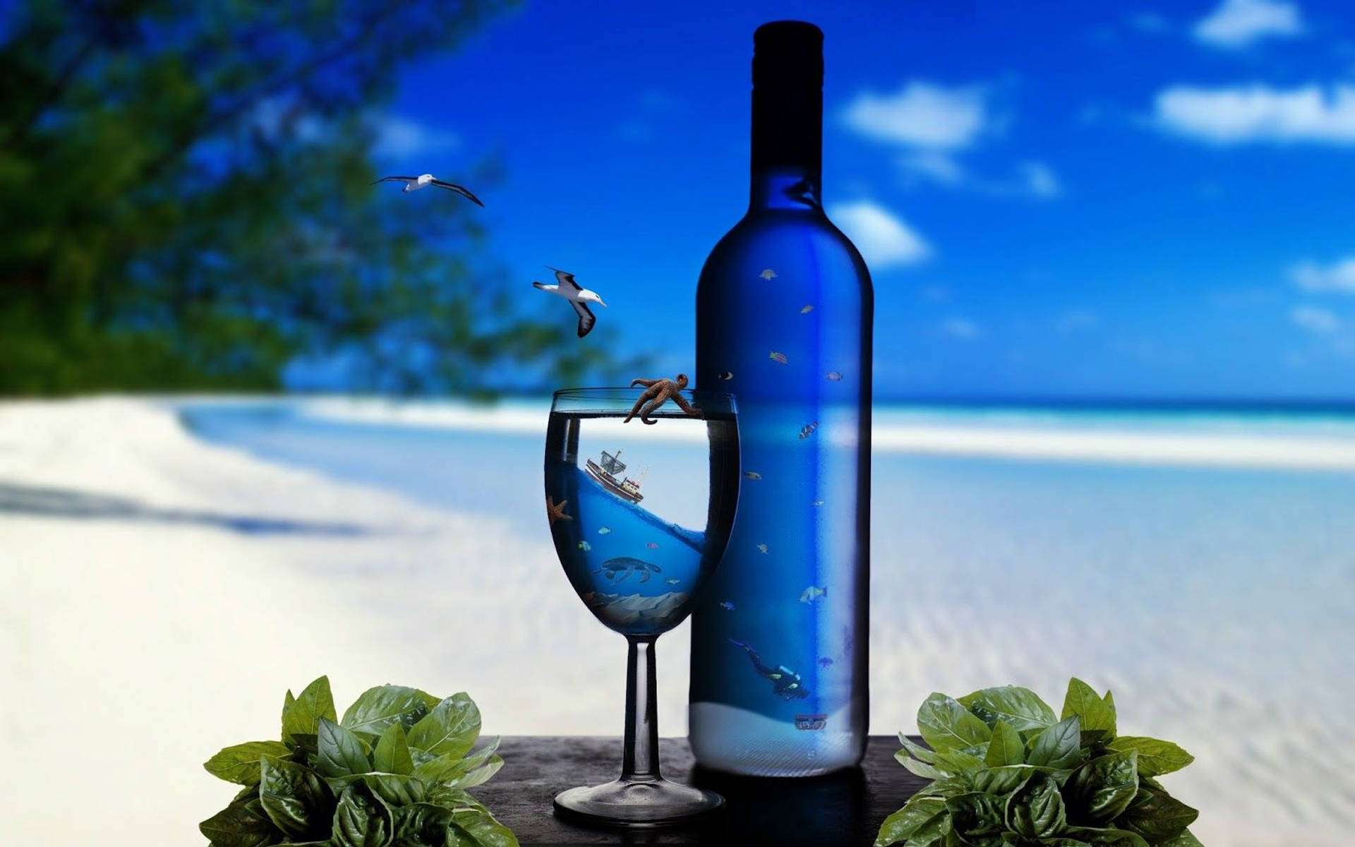 藍色海洋飲料沙灘高清桌布 — 海灘 壁紙
