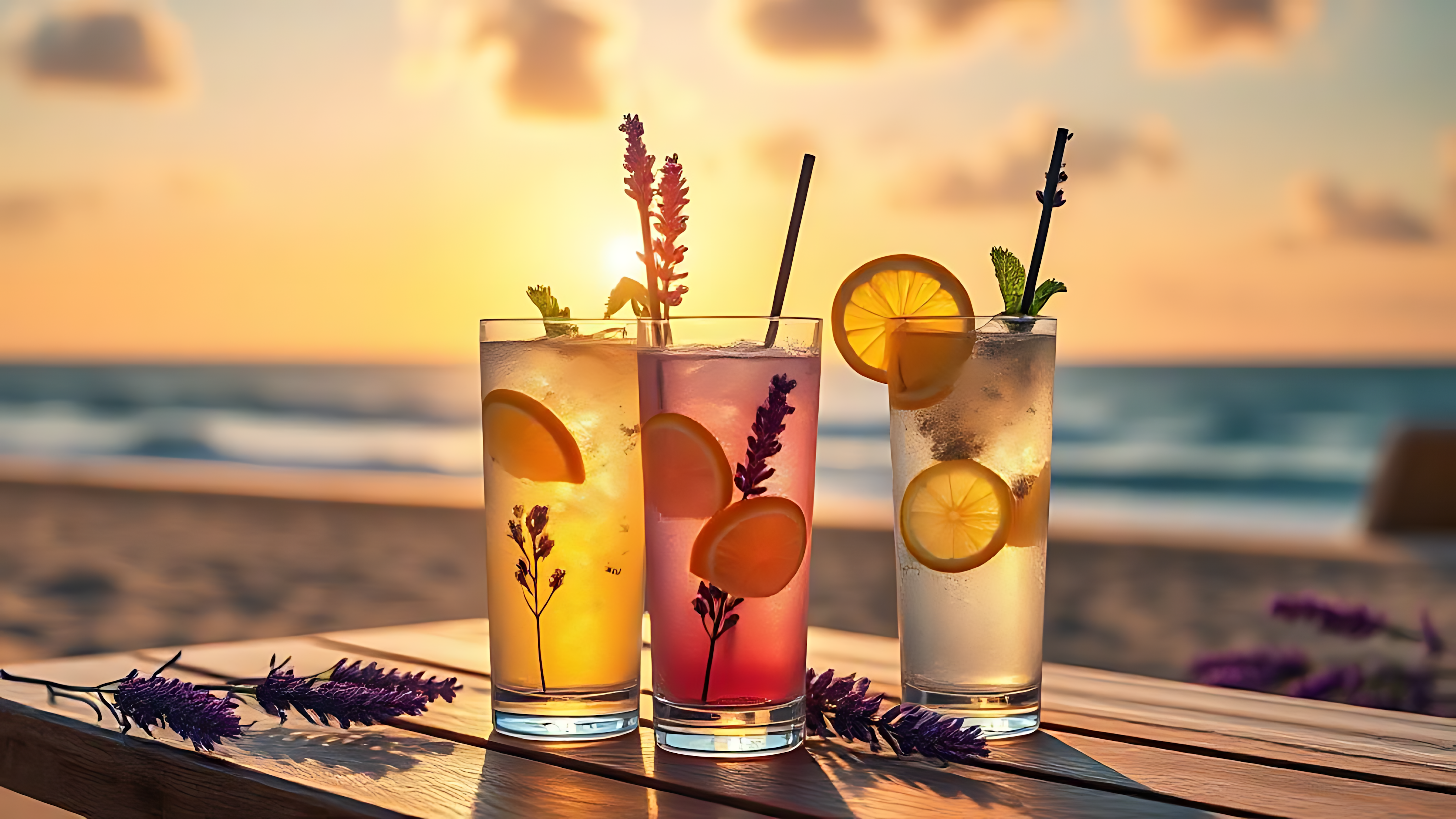 沙灘夕照下的清涼檸檬飲 壁紙