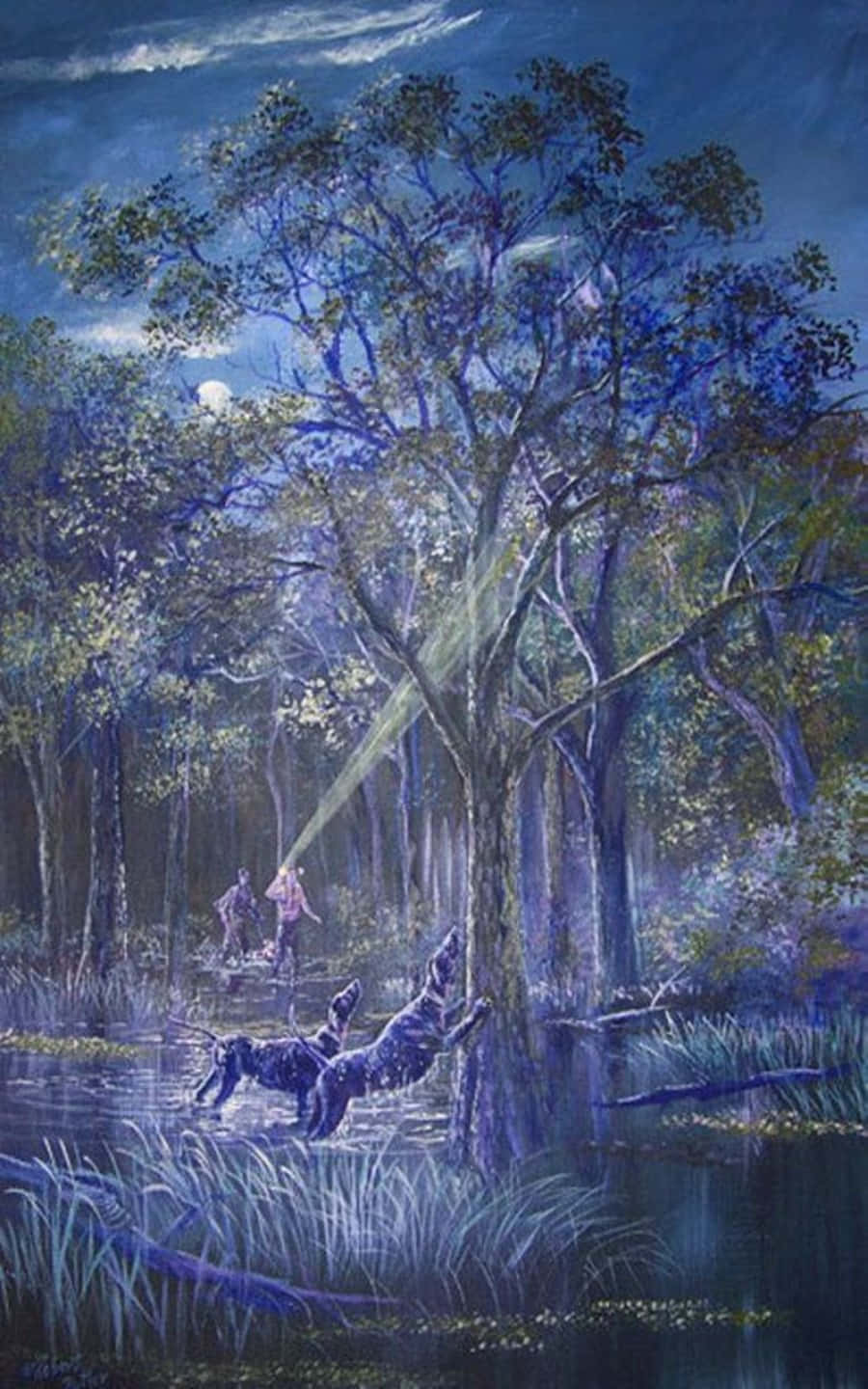 浣熊猎犬对着树吠叫油画 壁紙