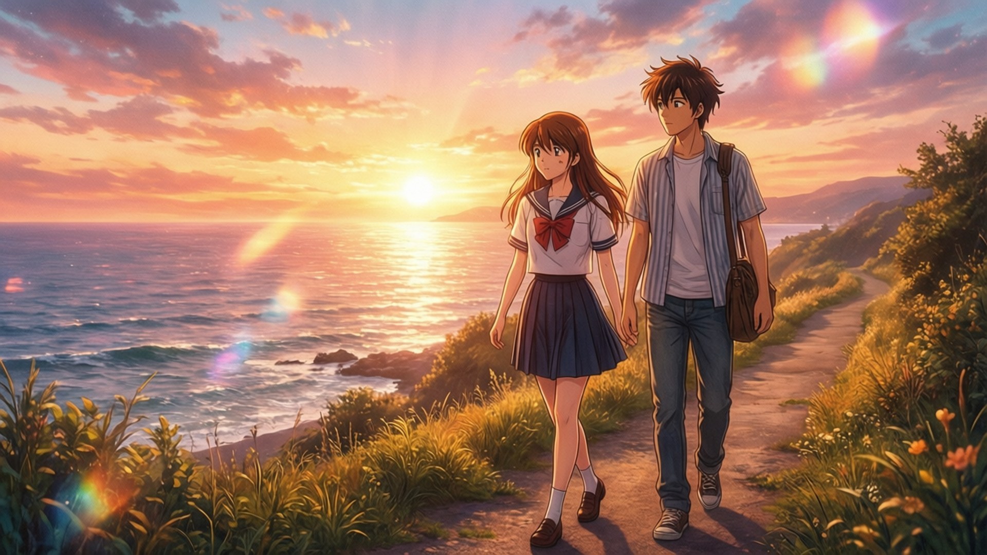 海岸夕照漫步 壁紙