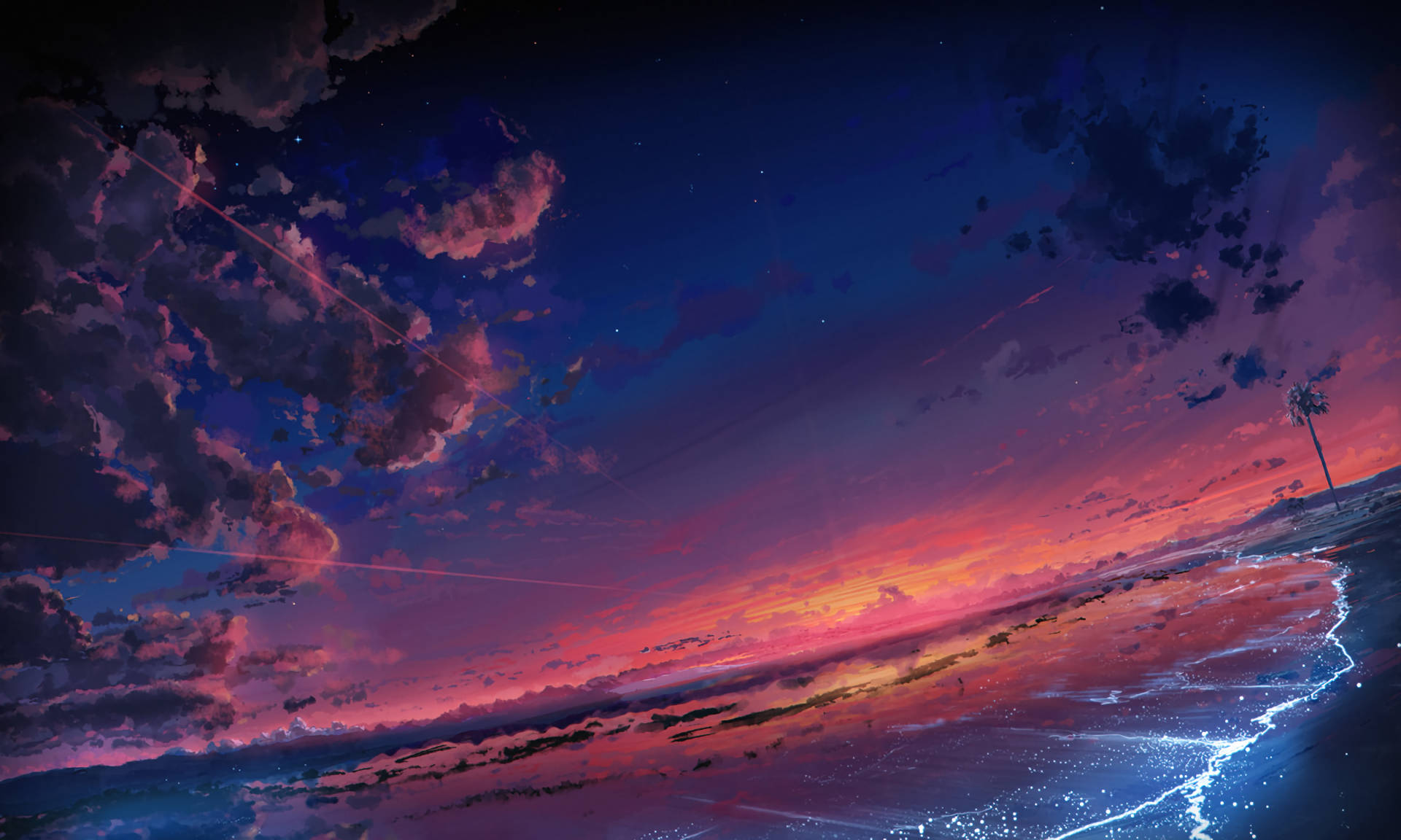 海灘動畫美學夕陽數位繪畫 壁紙