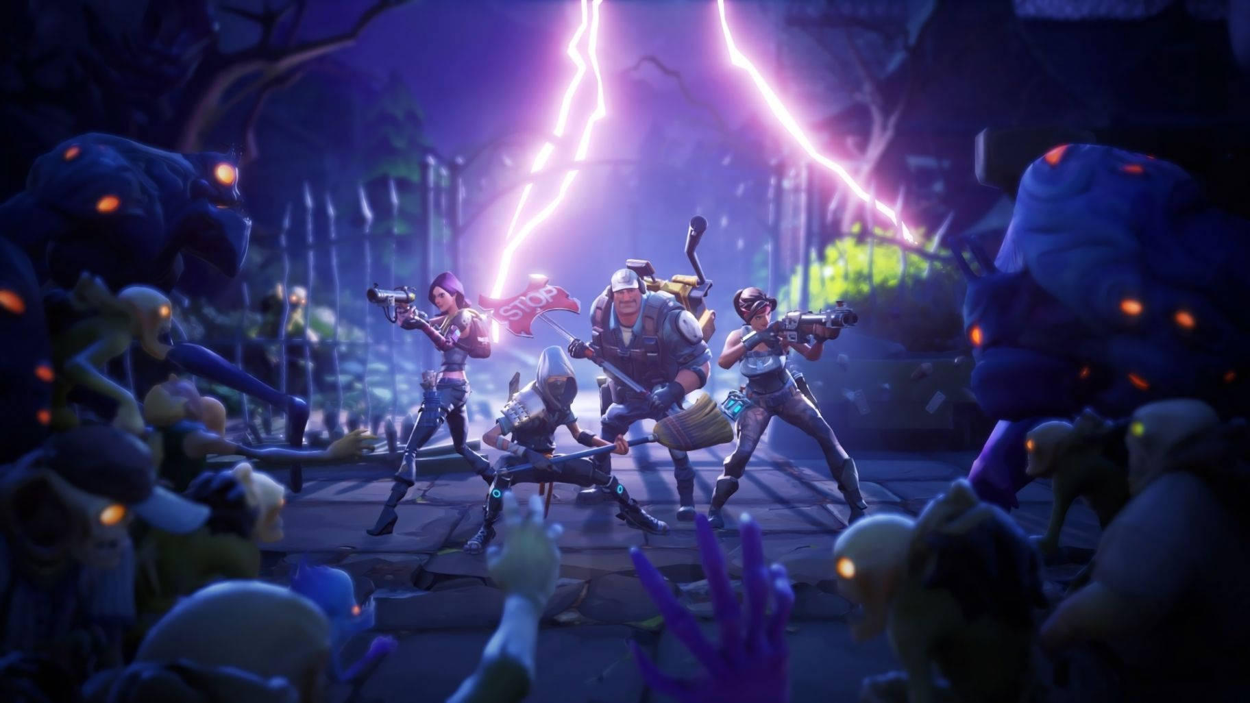 一支小队守护传送门，与成群僵尸战斗的壁纸。 — Fortnite 壁紙