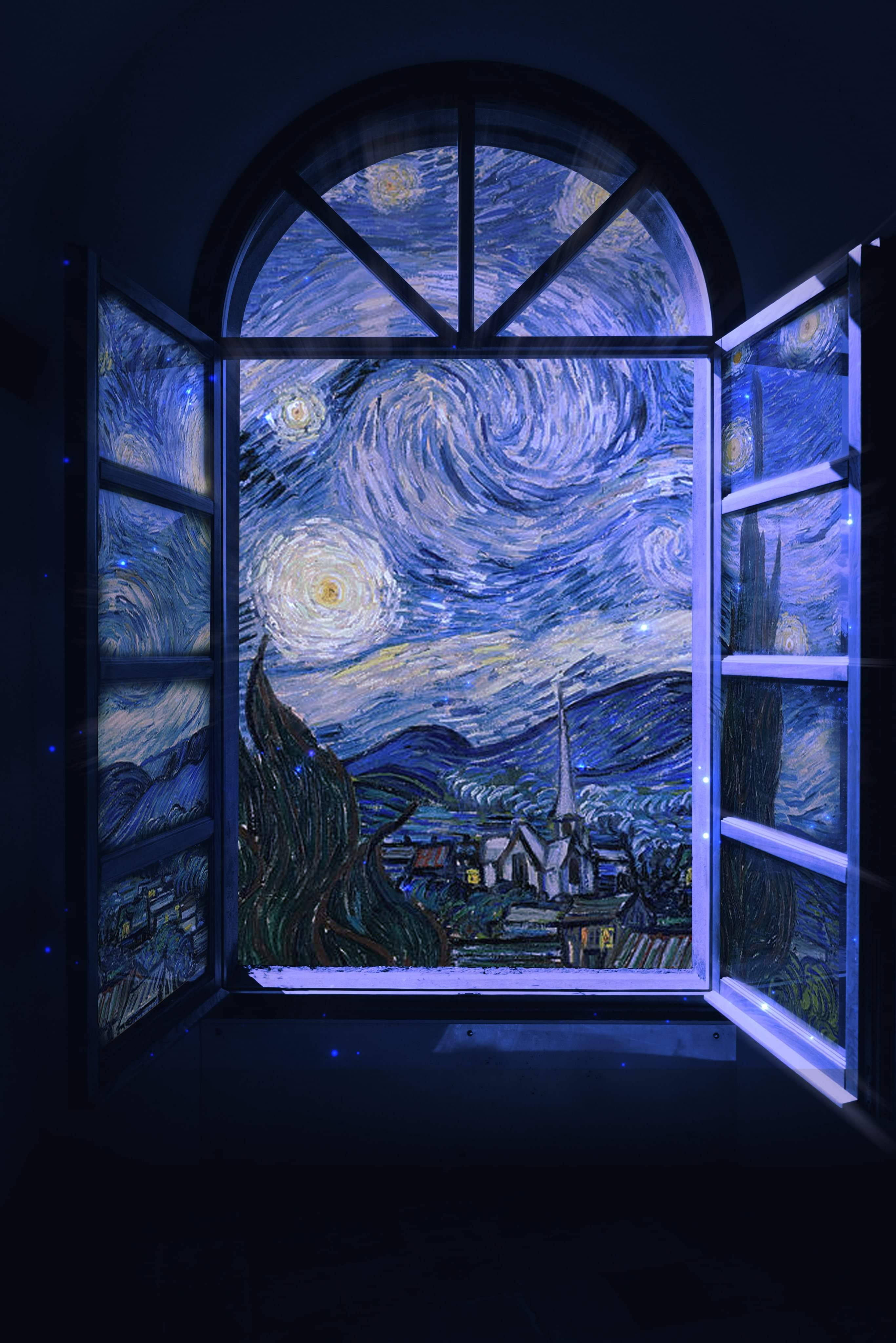 混合媒材梵谷星夜窗景 壁紙