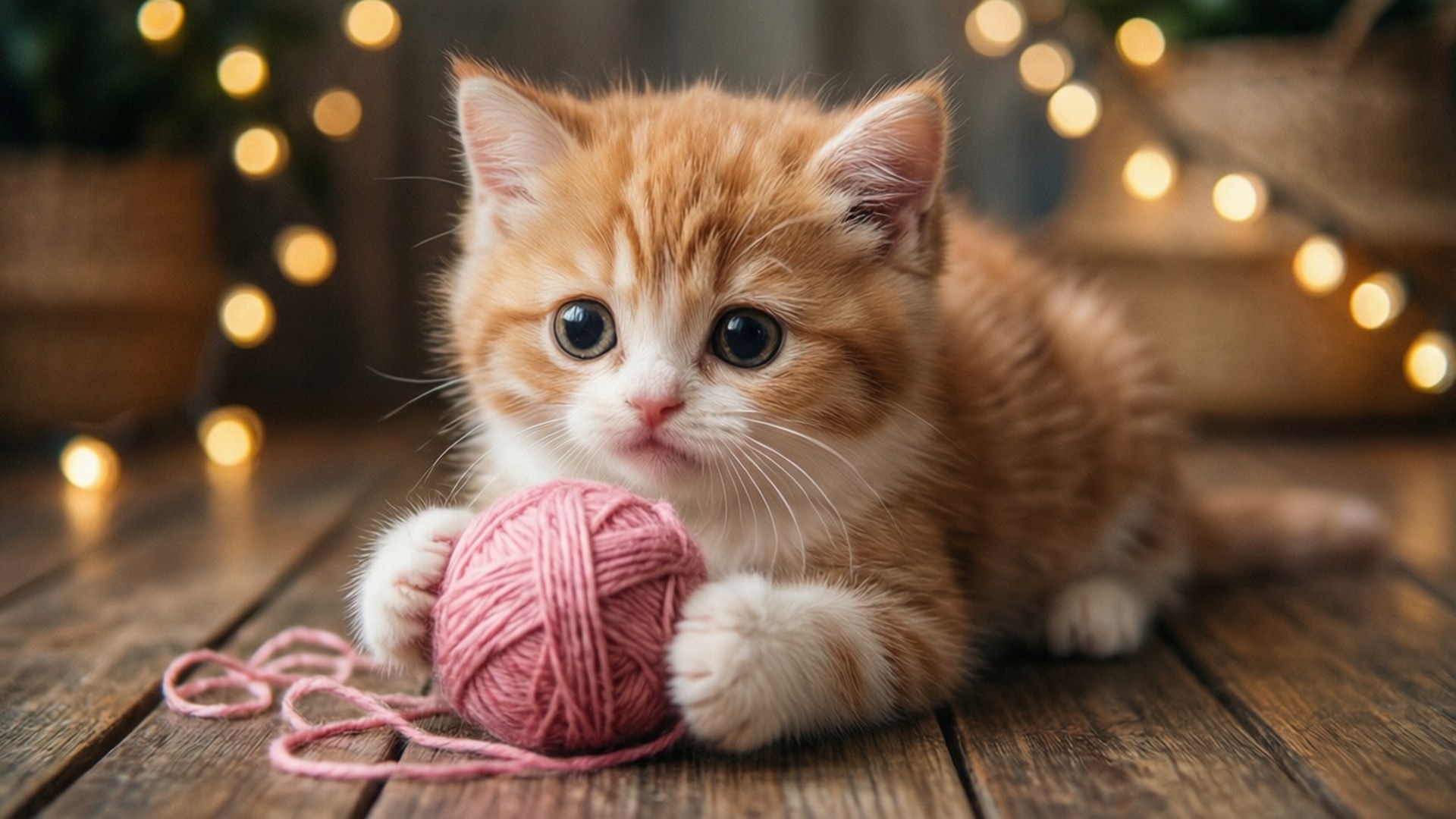一只可爱的小猫在温馨的环境中玩毛线。 — 可愛美學動圖 壁紙
