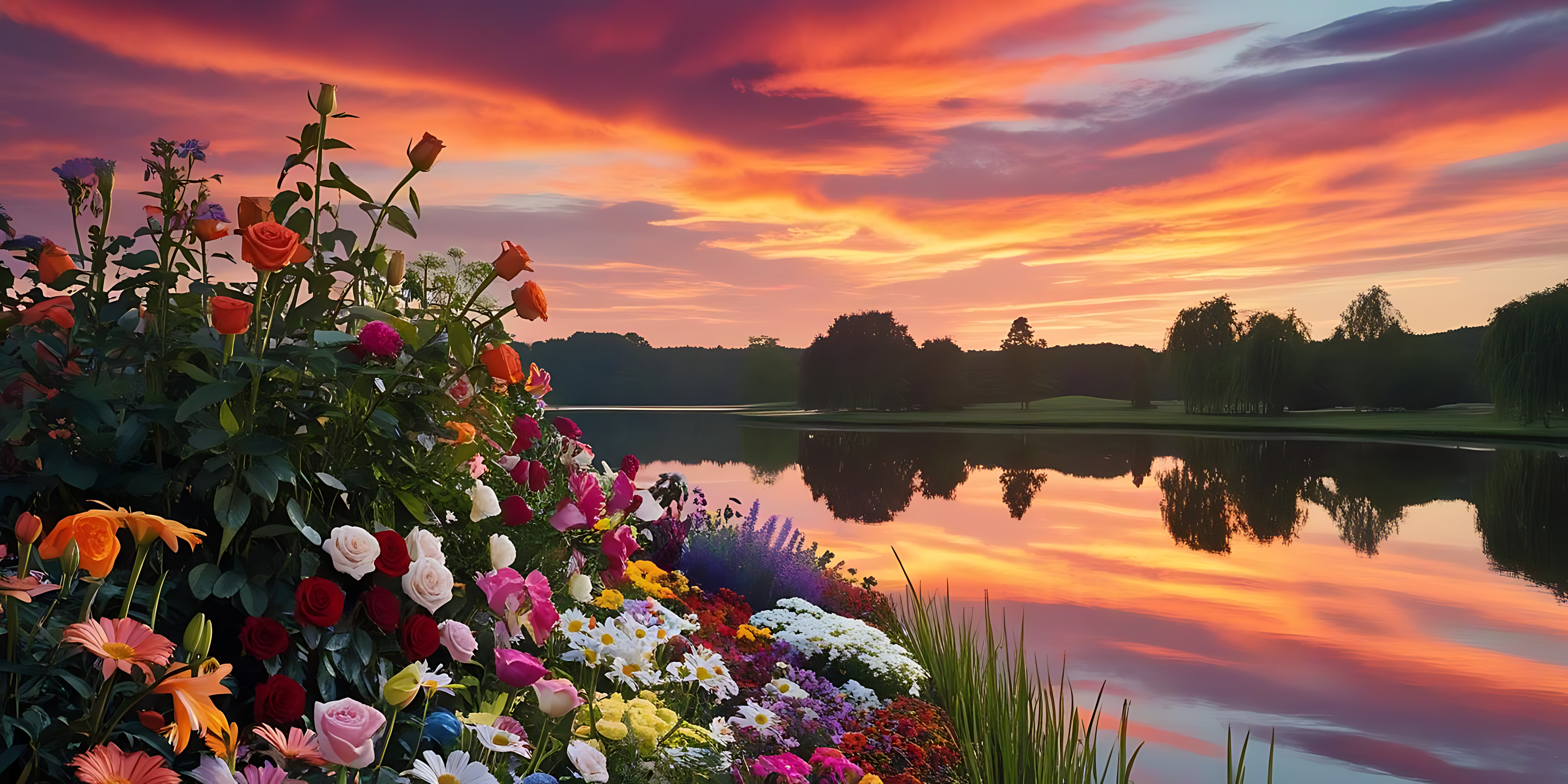 湖畔夕照花盛开 壁紙