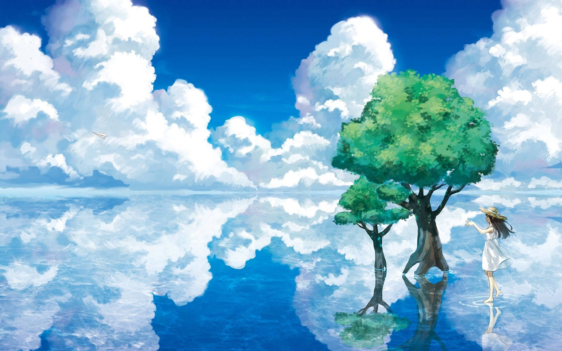 湖面倒映的動漫風景 壁紙