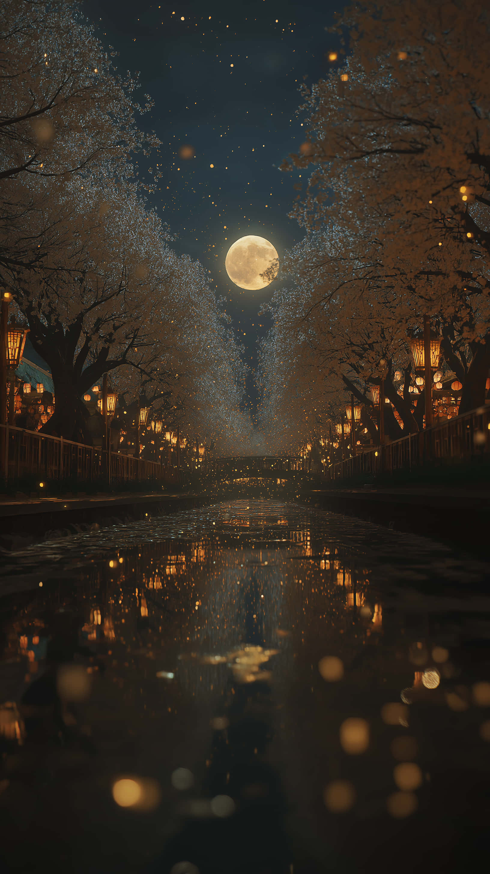 滿月下夢幻的夜櫻河畔 壁紙