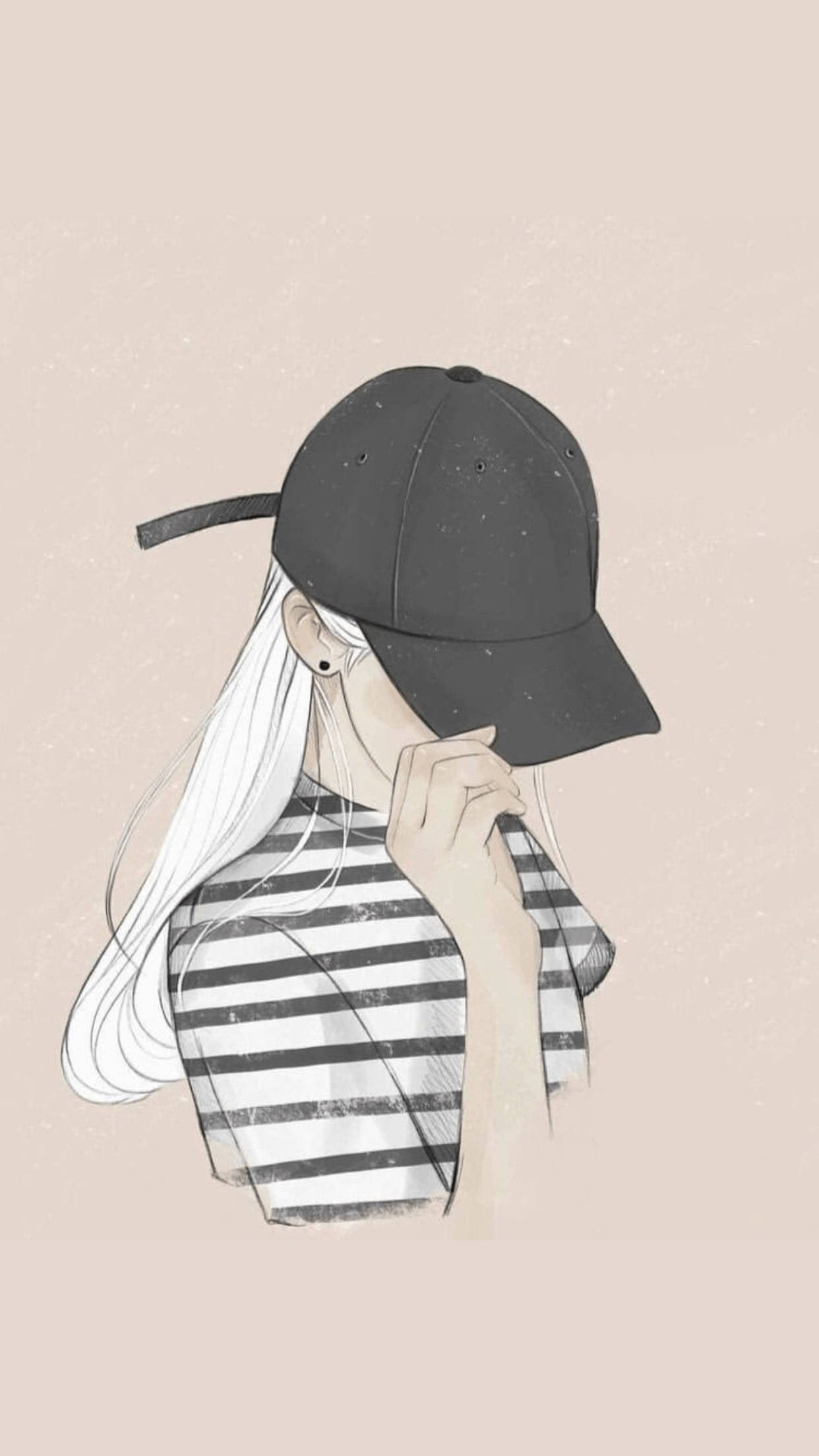 灰色帽子與條紋上衣女孩美學 壁紙