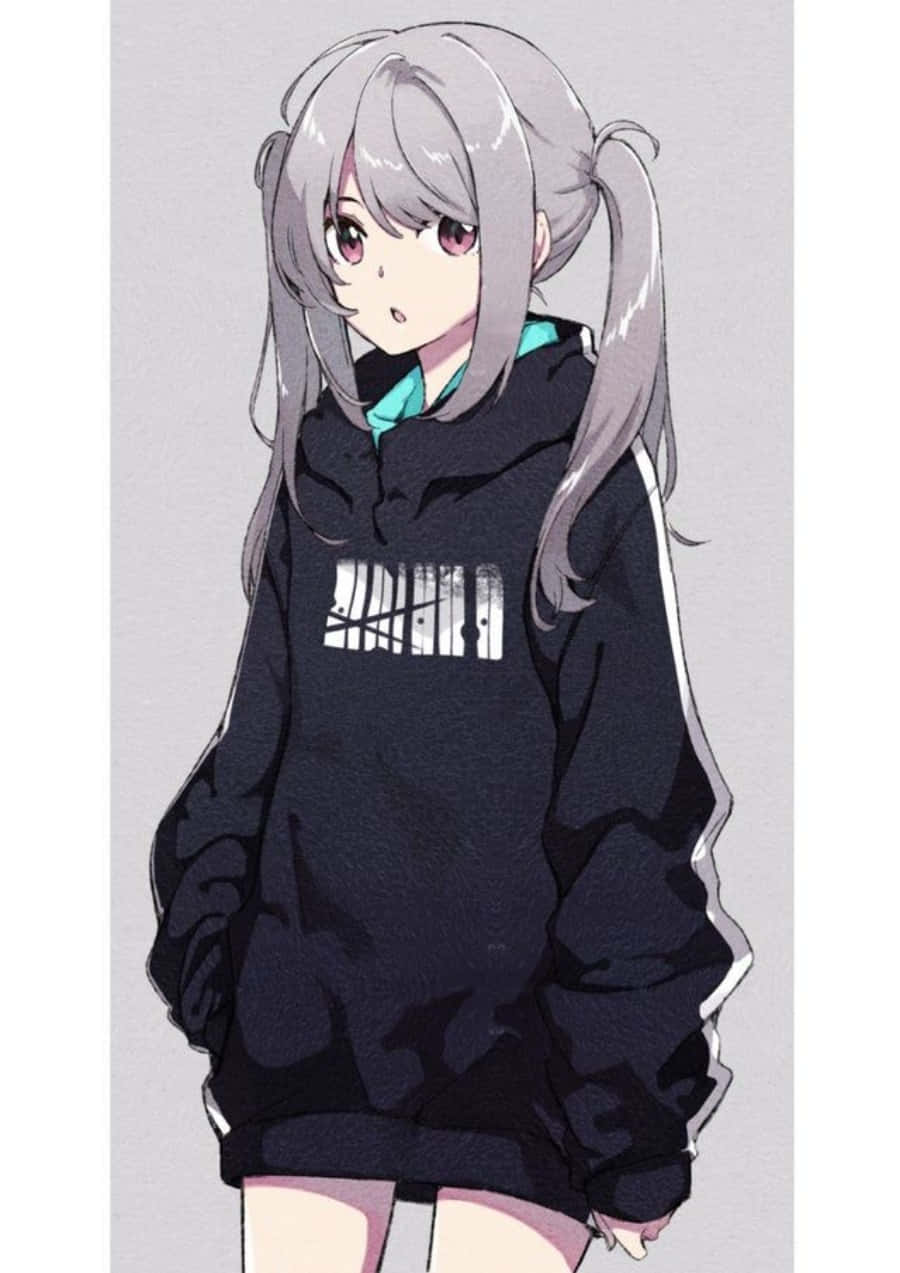 灰色頭髮的女孩穿著黑色連帽上衣 壁紙