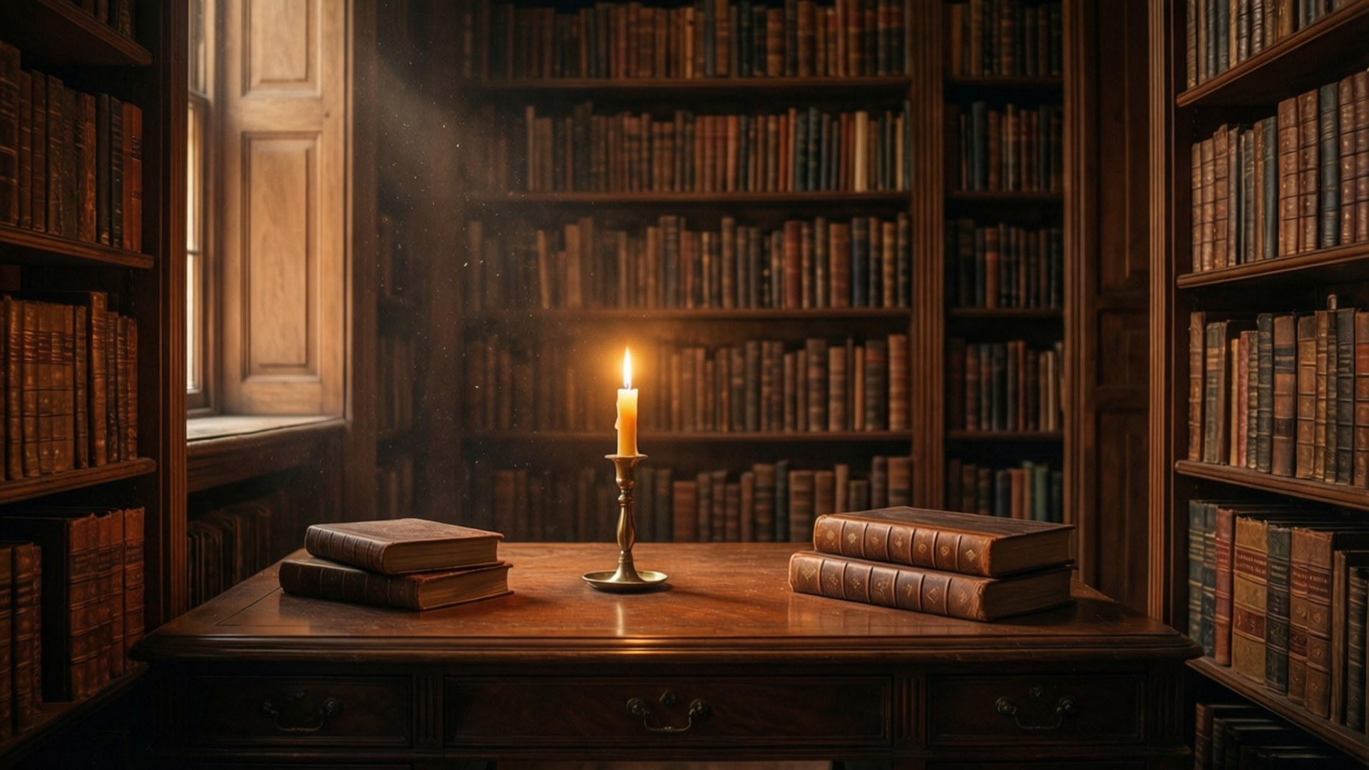 溫馨的暗黑學院風圖書館場景，燭光與舊書相伴。 — 暗黑学院风 壁紙