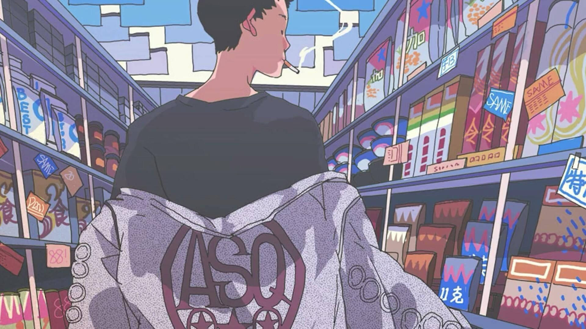 獨立美學筆電桌布：動漫少年逛超市 壁紙