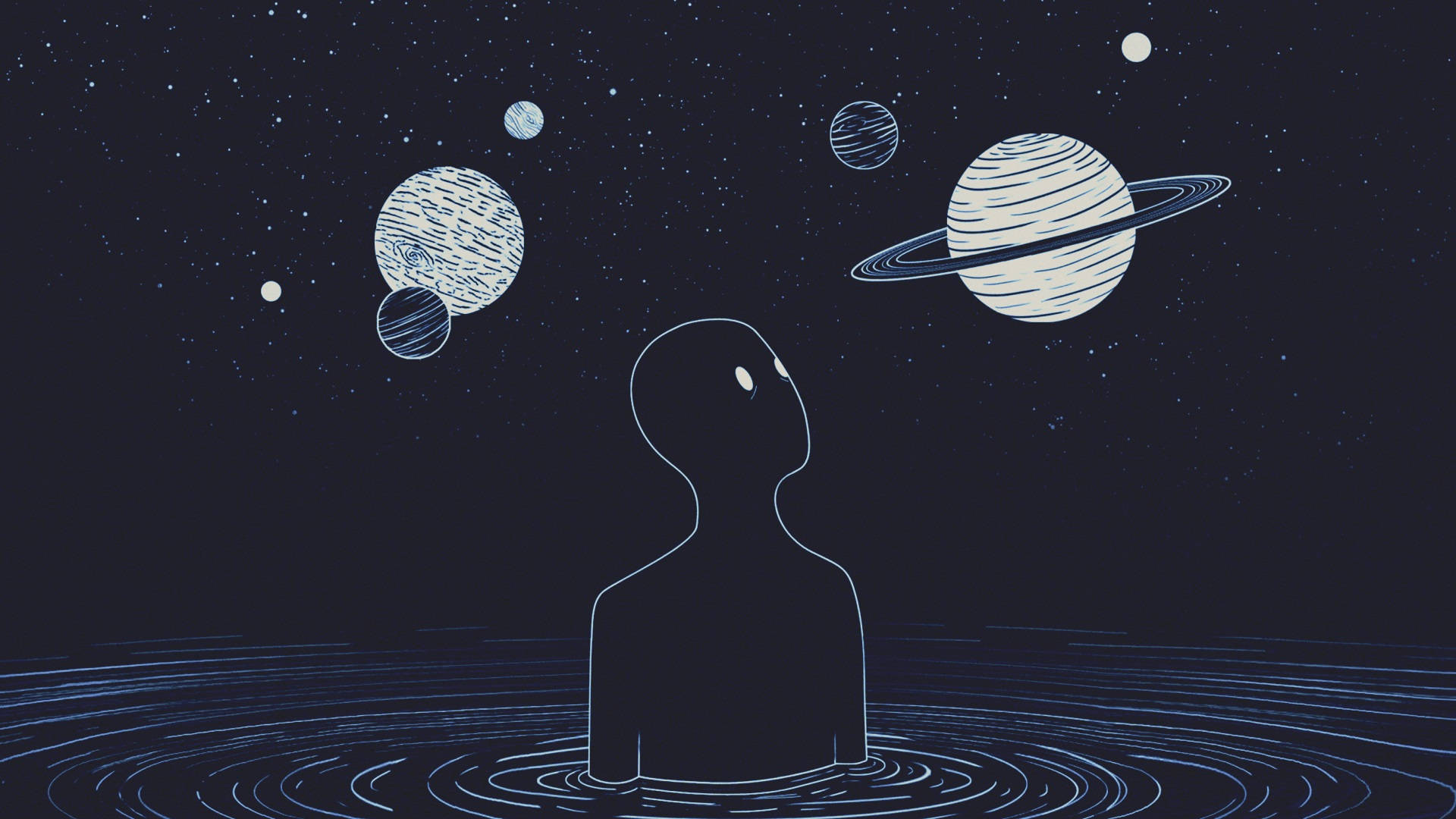 獨立美學筆電桌布：水中男子仰望行星 壁紙