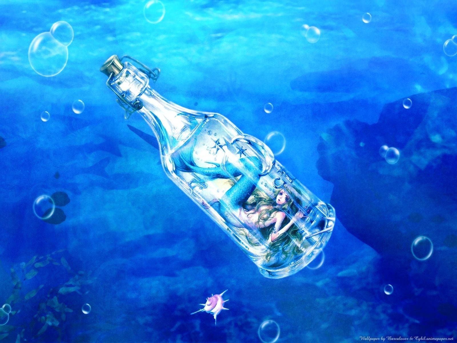 美人魚困在瓶中，藍色海洋桌布藝術作品。 — 美人鱼 壁紙
