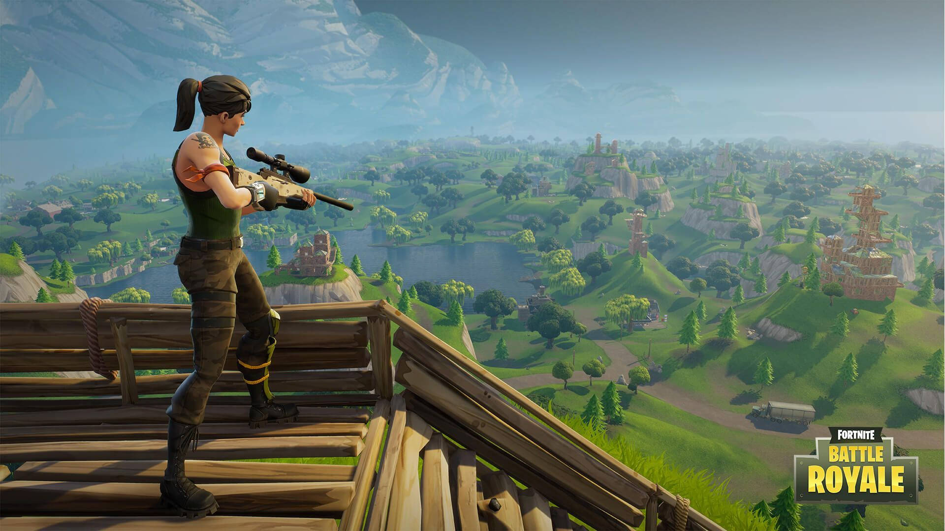 一名女兵在《要塞英雄：大逃殺》桌布中持狙擊槍在地面尋找目標。 — Fortnite 壁紙