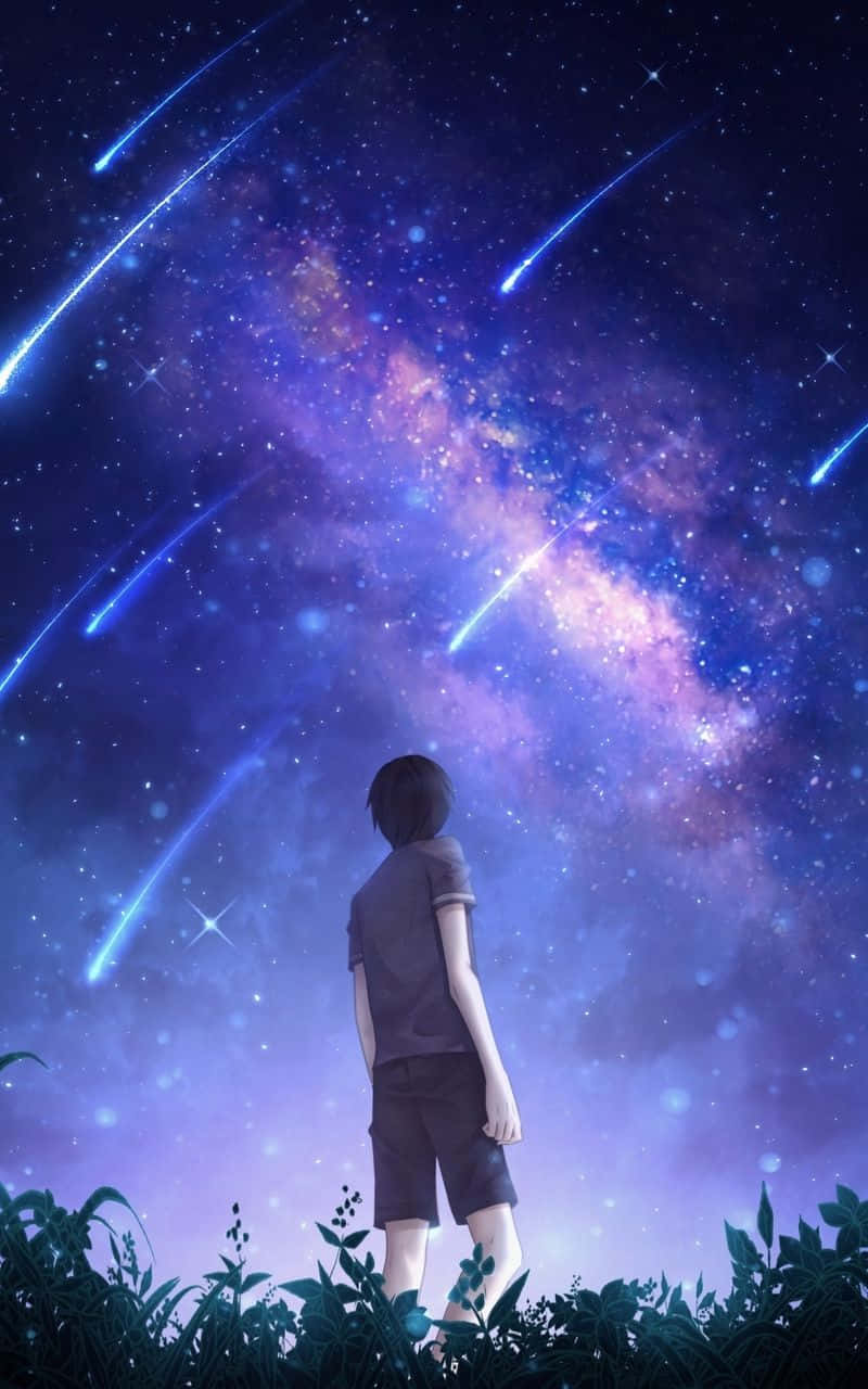 男孩仰望夜晚动漫天空 壁紙