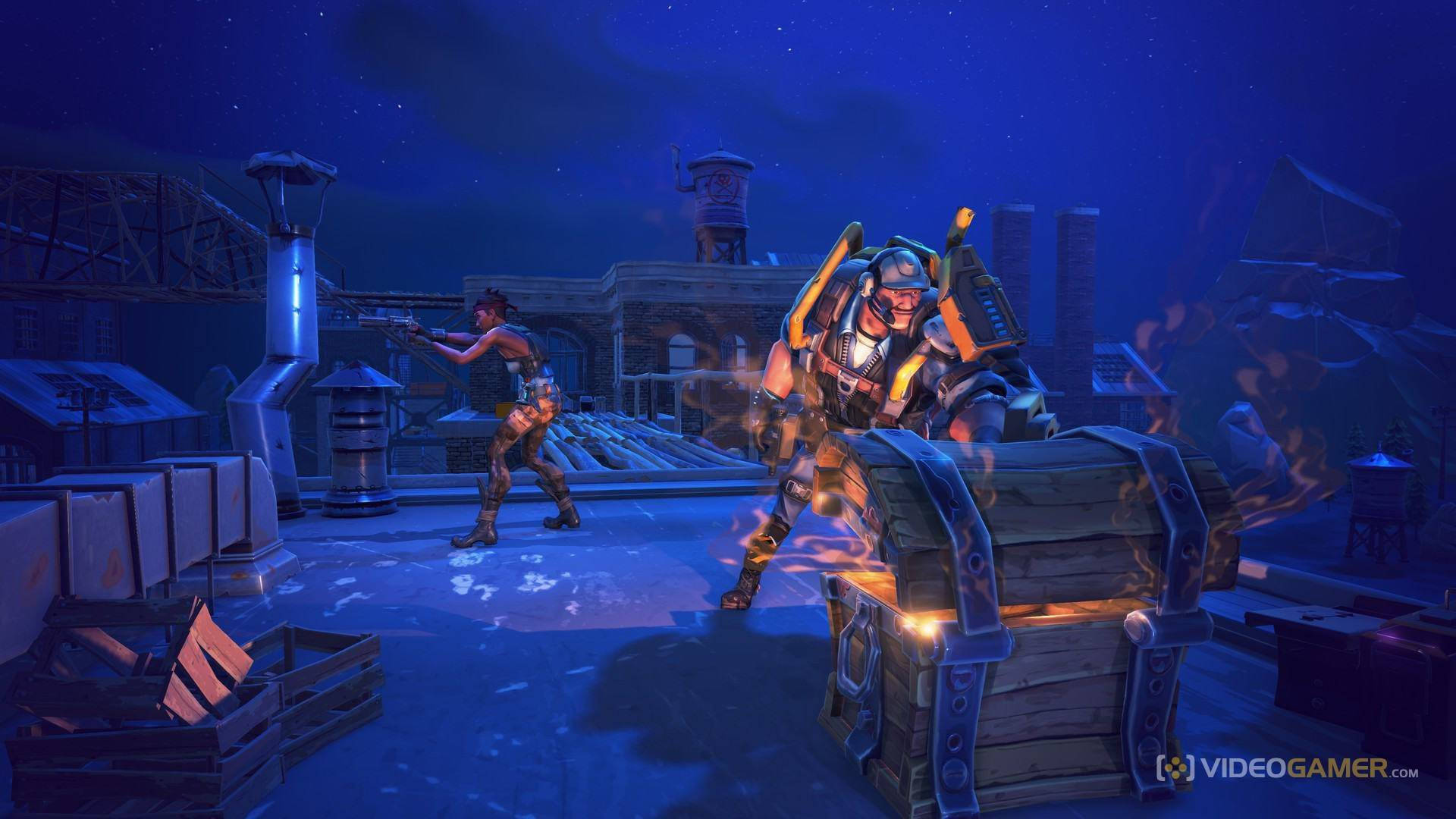 兩名玩家在《要塞英雄》桌布中找到一個寶箱。 — Fortnite 壁紙